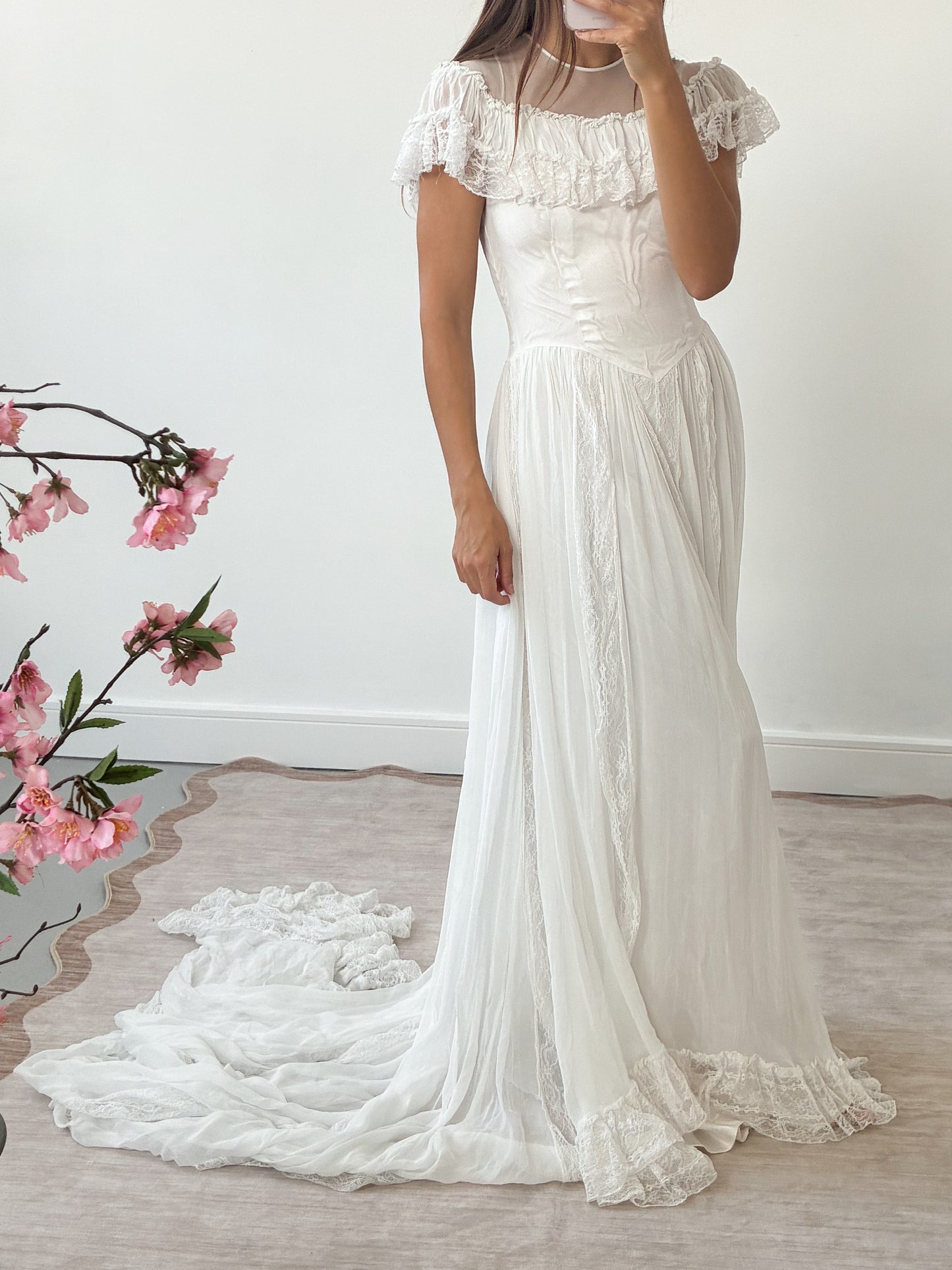 1940s Ivory Tulle Wedding Dress With Ruffle Neck And Cathedral Train