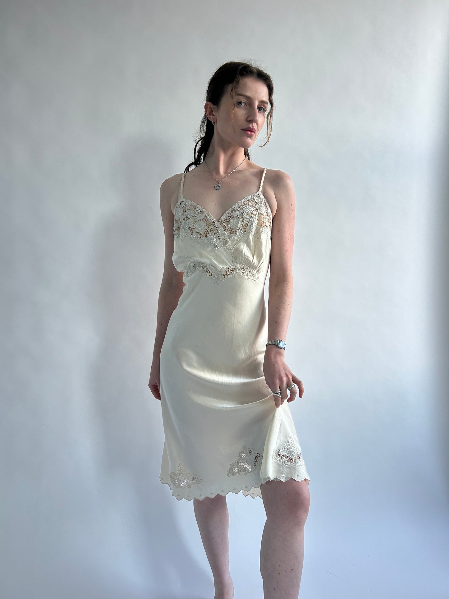 1930s Vanilla Silk Slip With Floral Embroidery