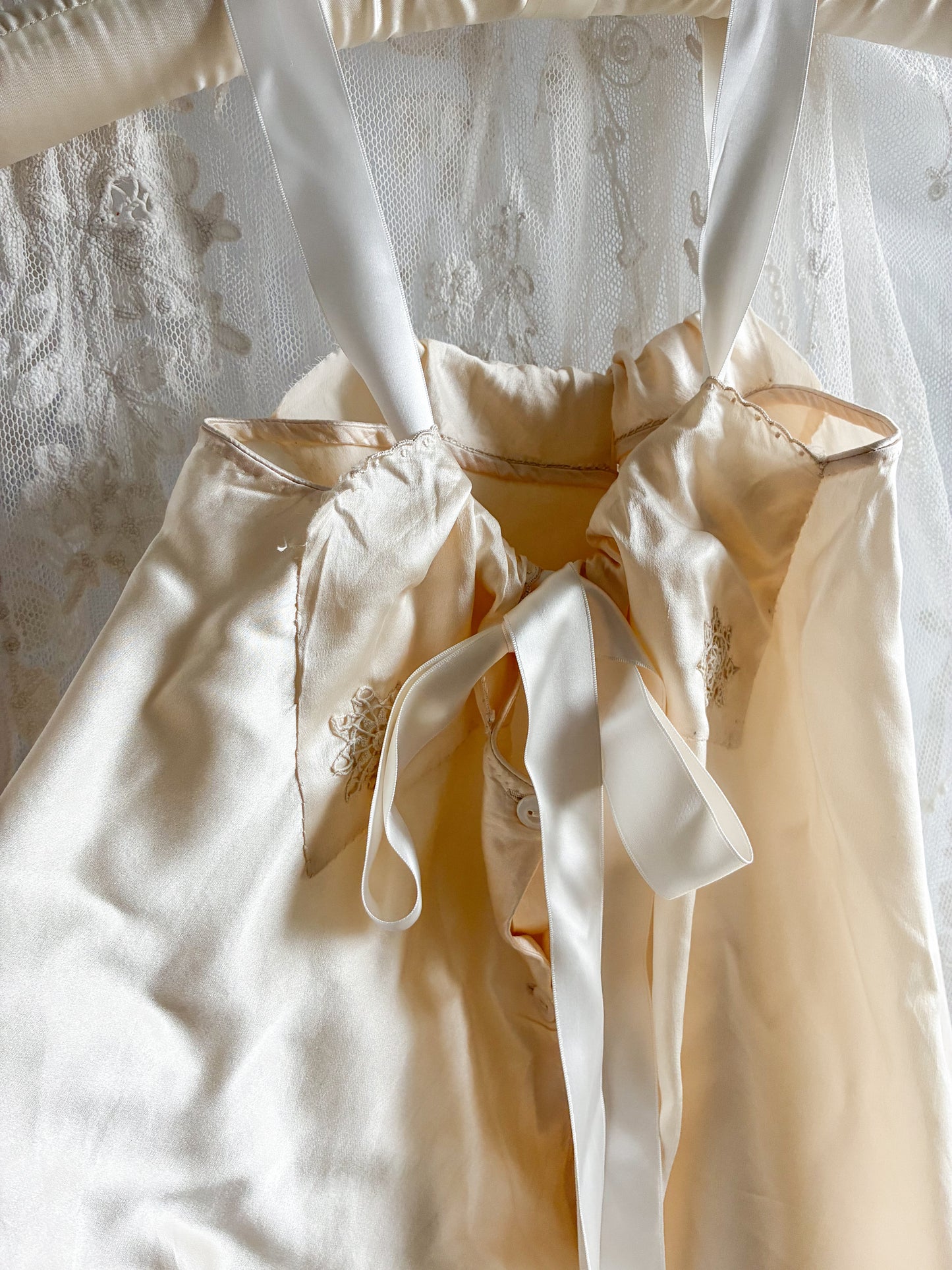 Antique Pure Silk Embroidered Camisole With Satin Straps In Vanilla