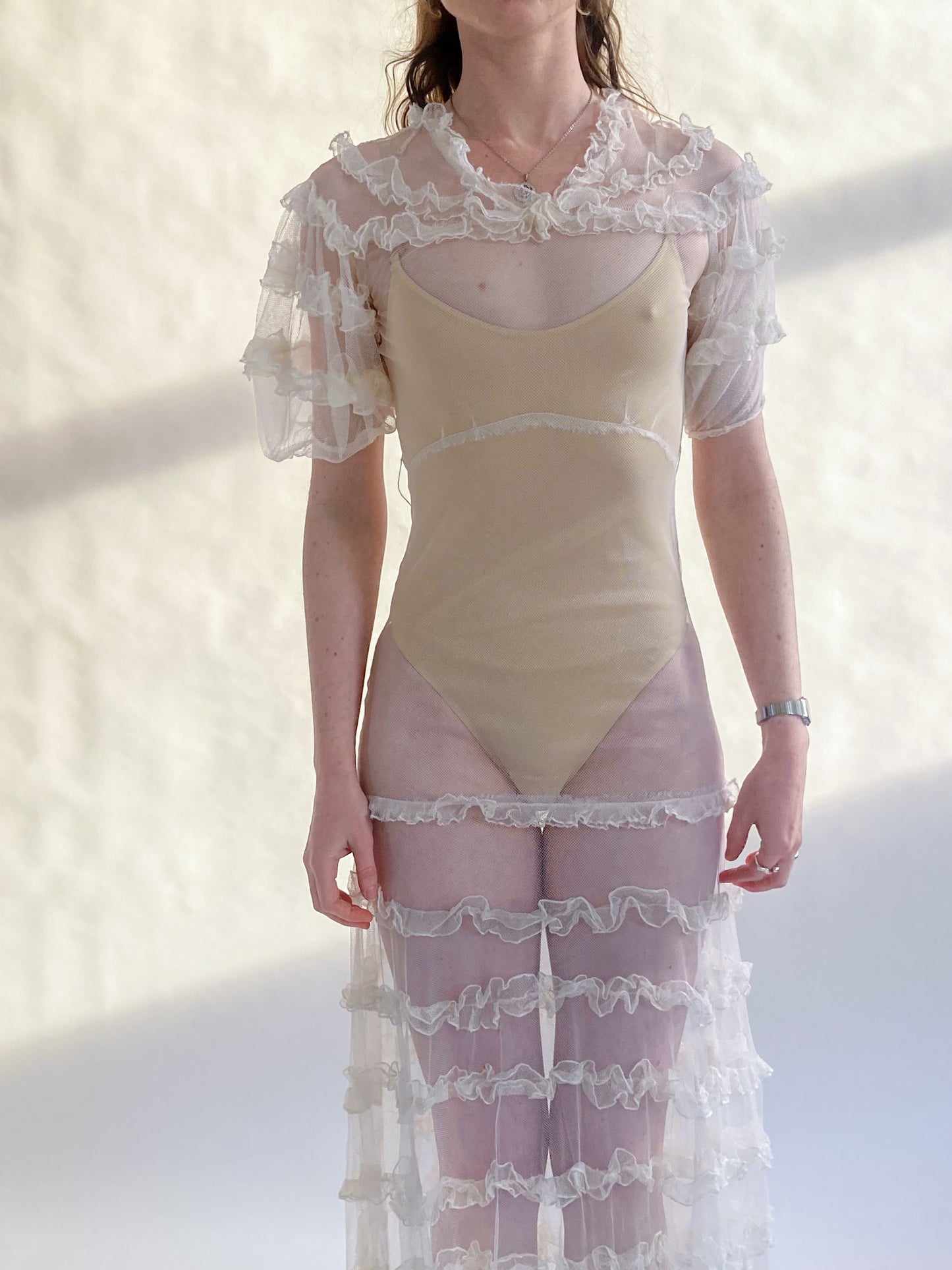 1930s Tiered Ruffle Net Dress With Puff Sleeves