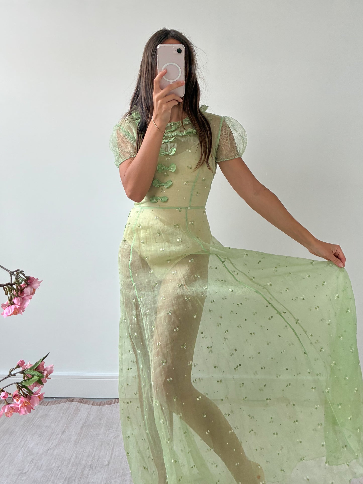 1930s Green Organza Dress With Bow Detail And Floral Embroidery M