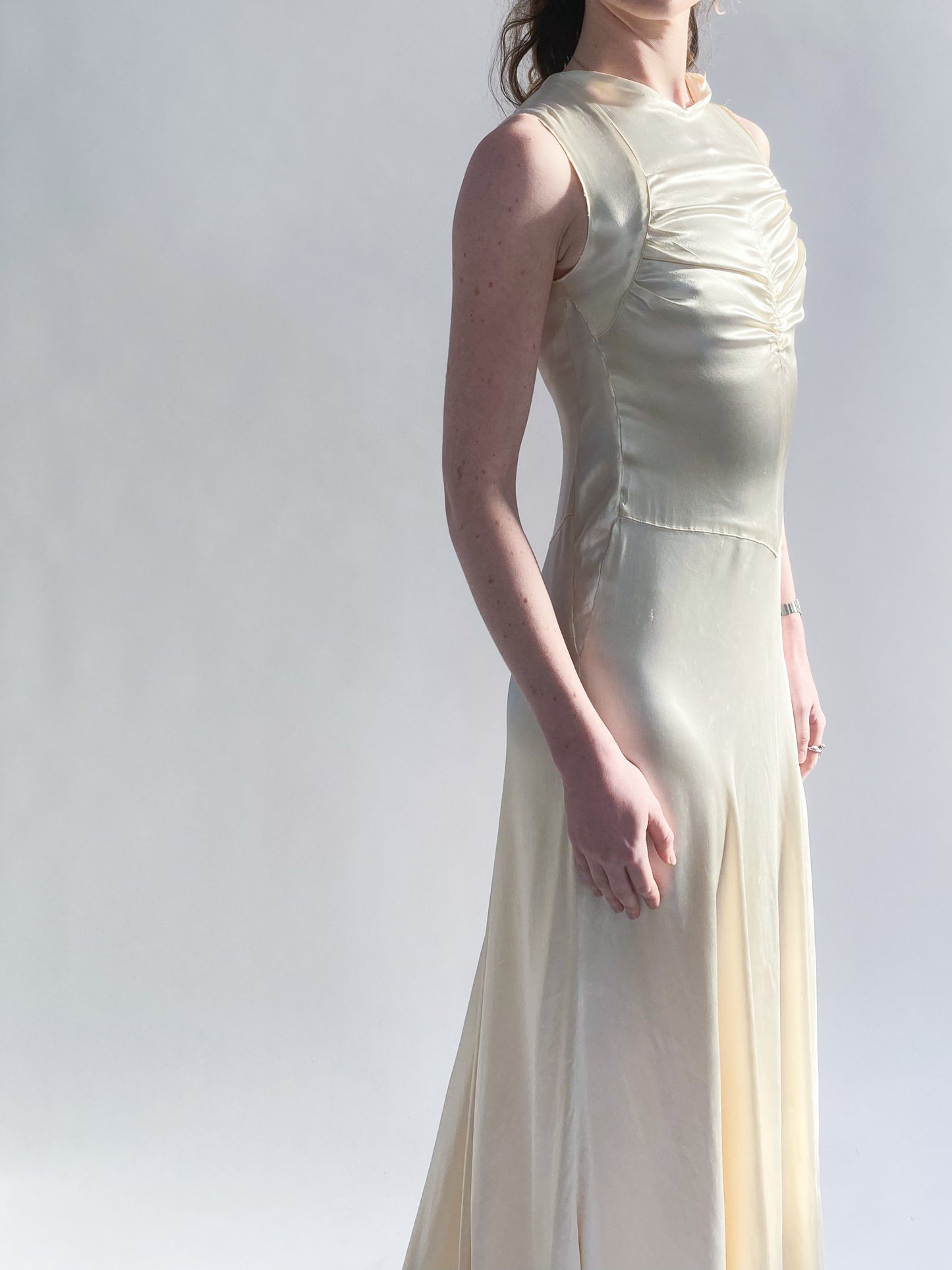 1930s Vanilla Silk Ruched Wedding Gown with Button Back and Sweep Train