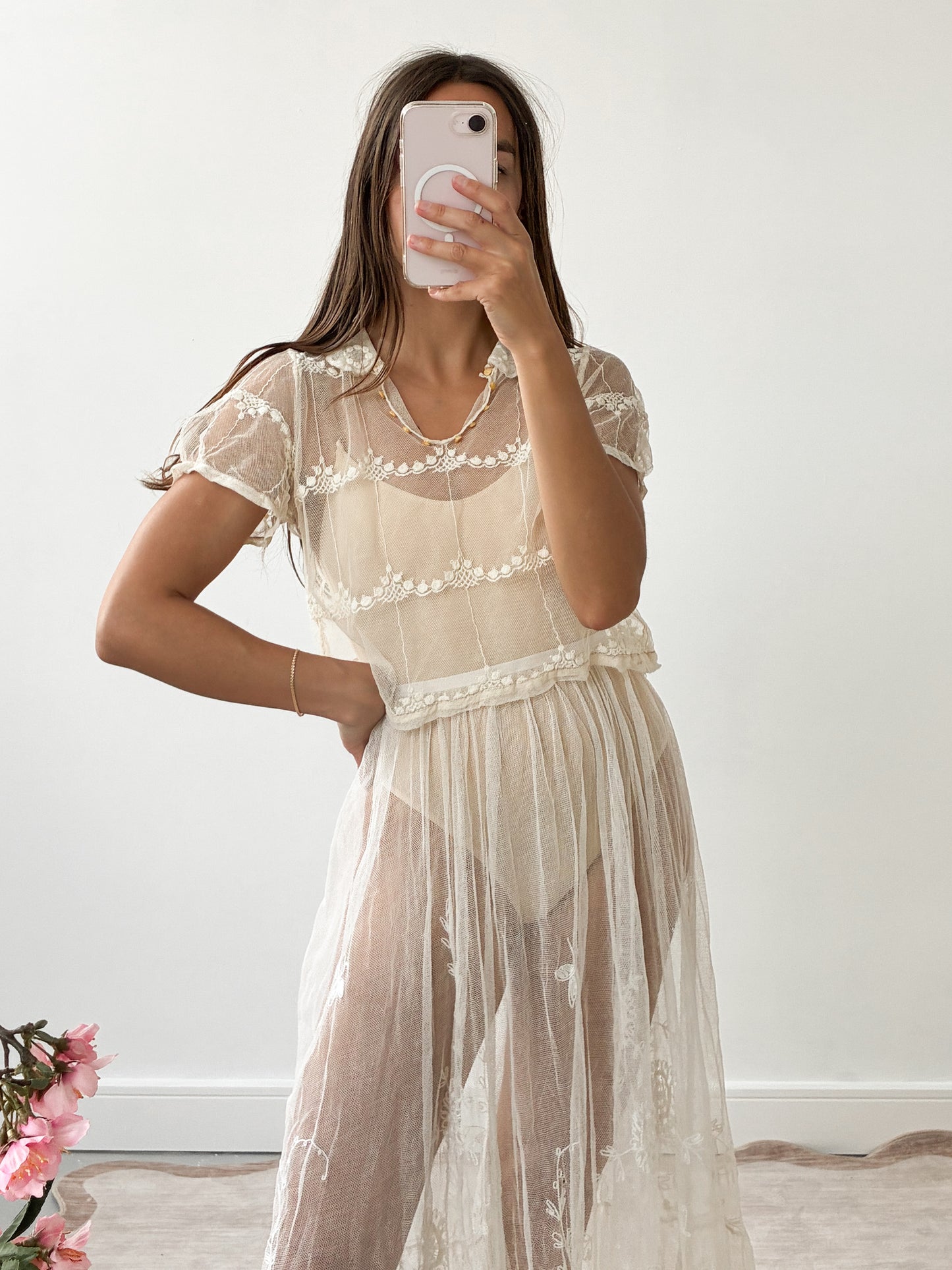 Antique French Embroidered Net Blouse In Cream S