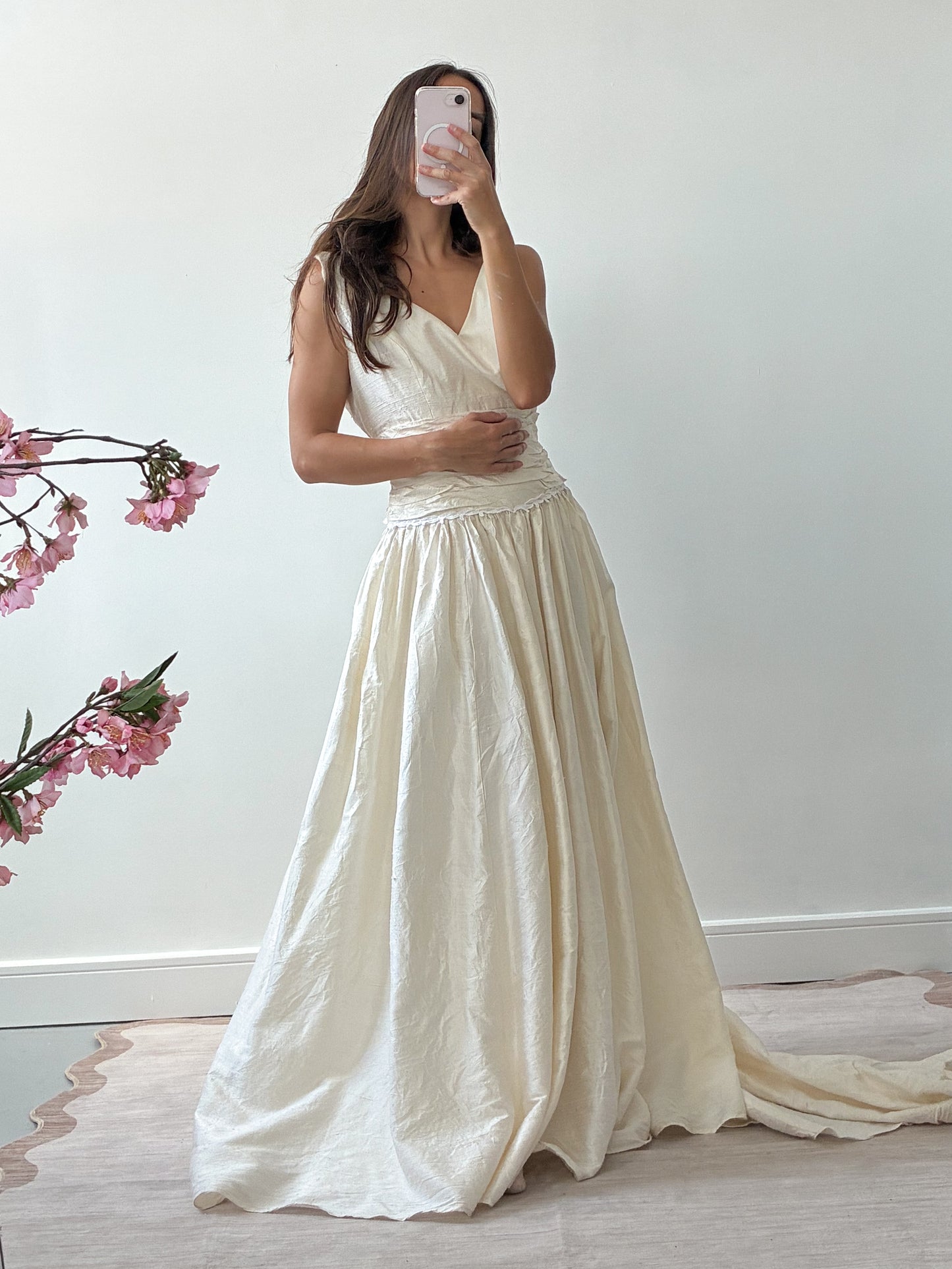 1980s Raw Silk Princess Dress With Wrap Bodice And Full Train