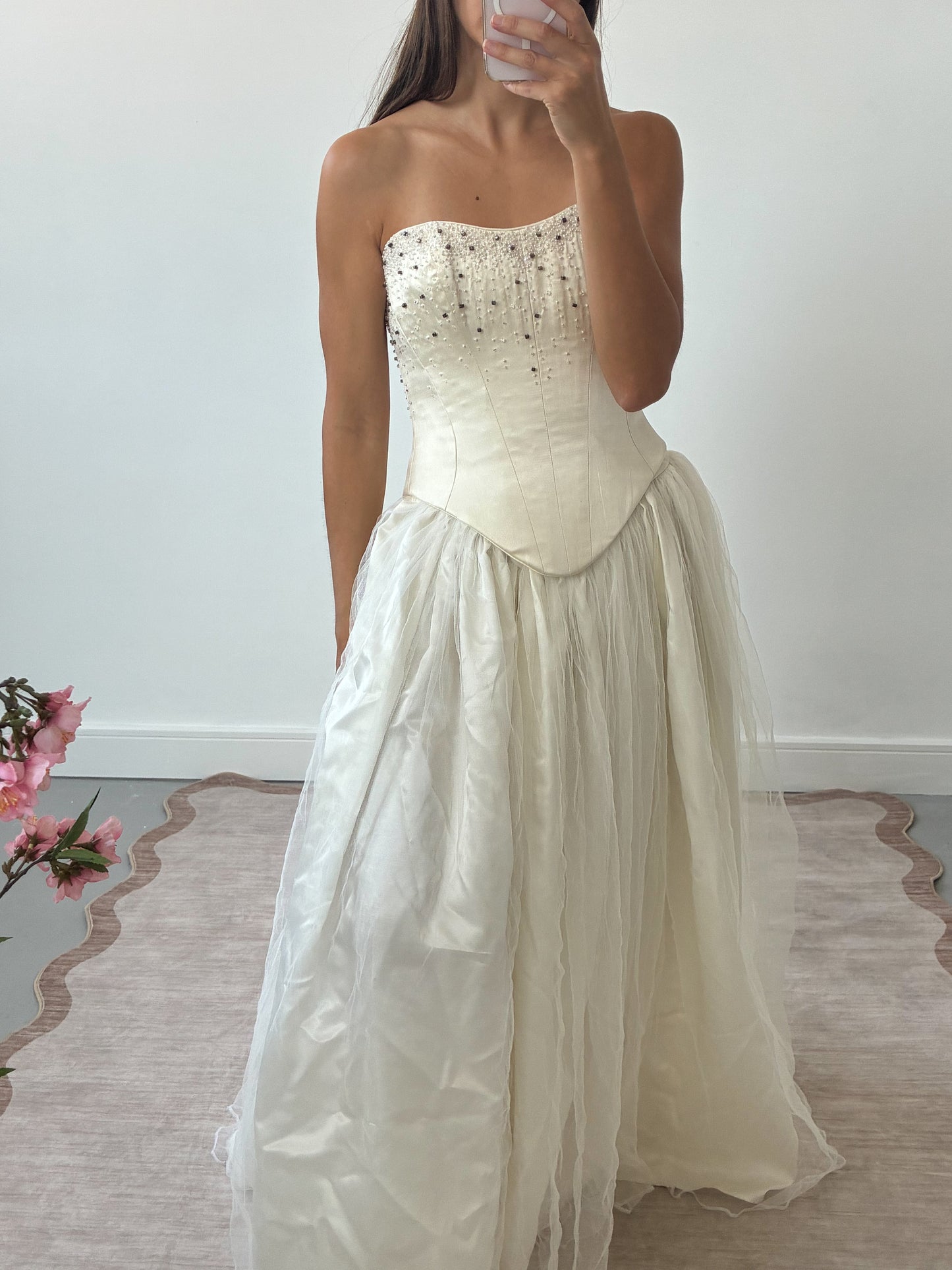 1990s Silk Lace-Up Embellished Corset In Cream S