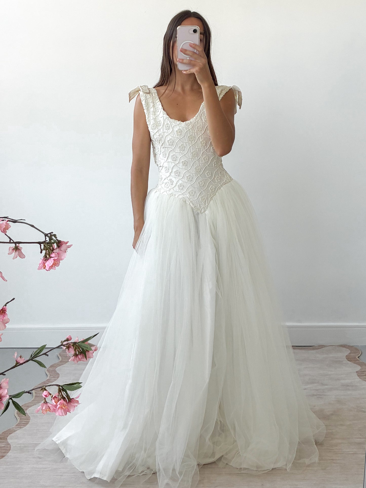 1990s Tulle Gown With Silk & Pearl Embroidered Corset And Bow Detail