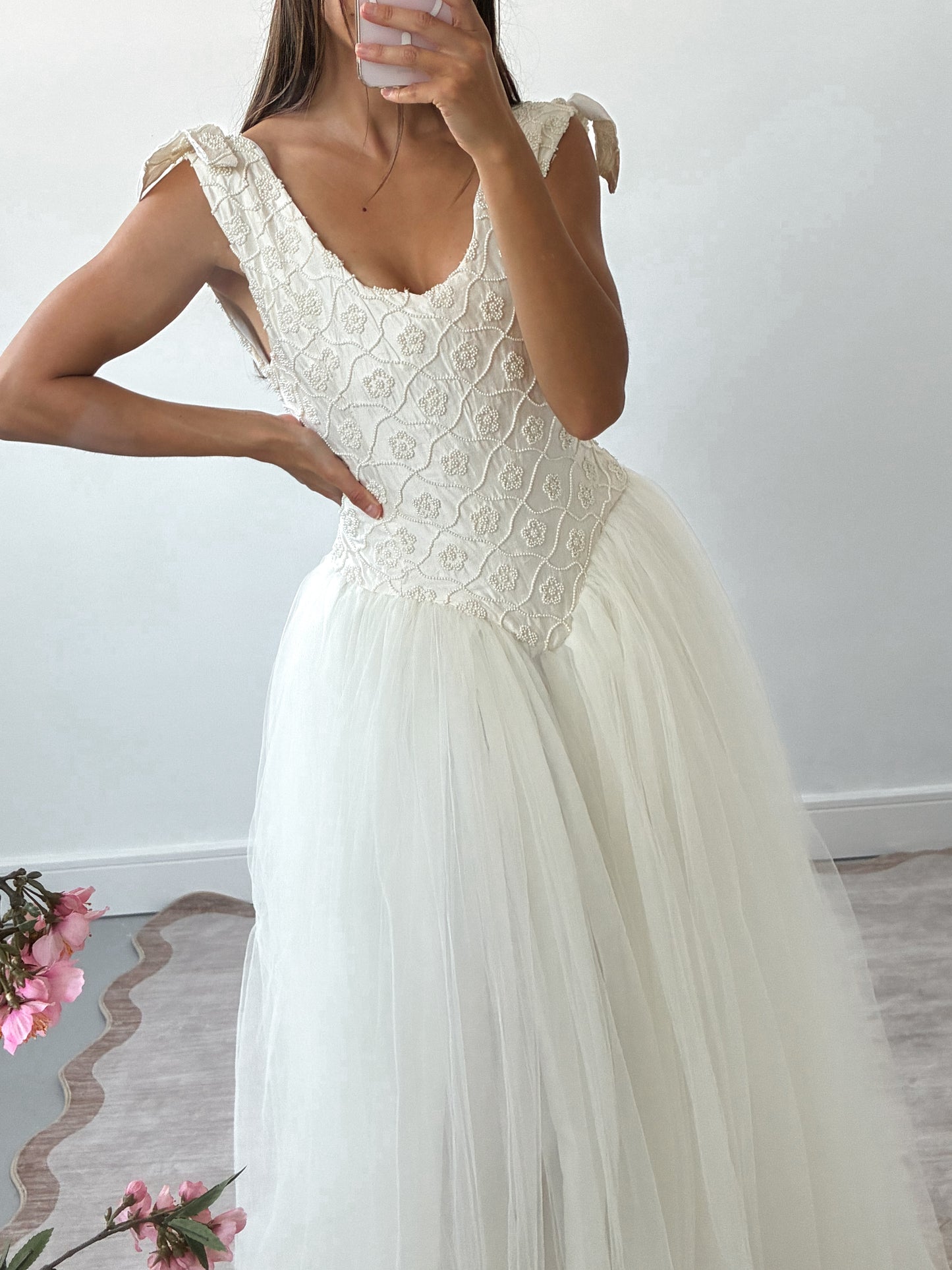 1990s Tulle Gown With Silk & Pearl Embroidered Corset And Bow Detail