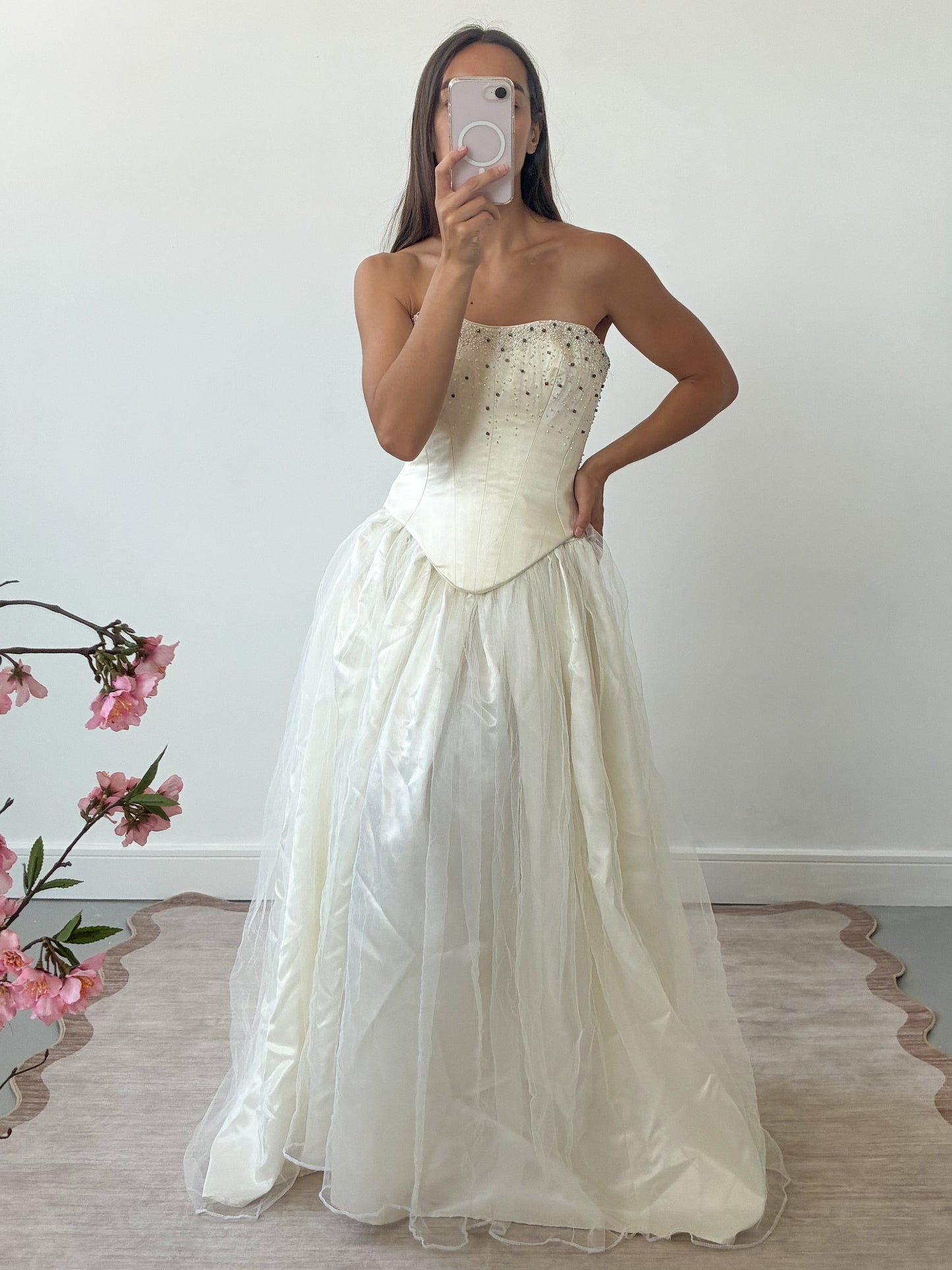 1990s Silk Lace-Up Embellished Corset In Cream S