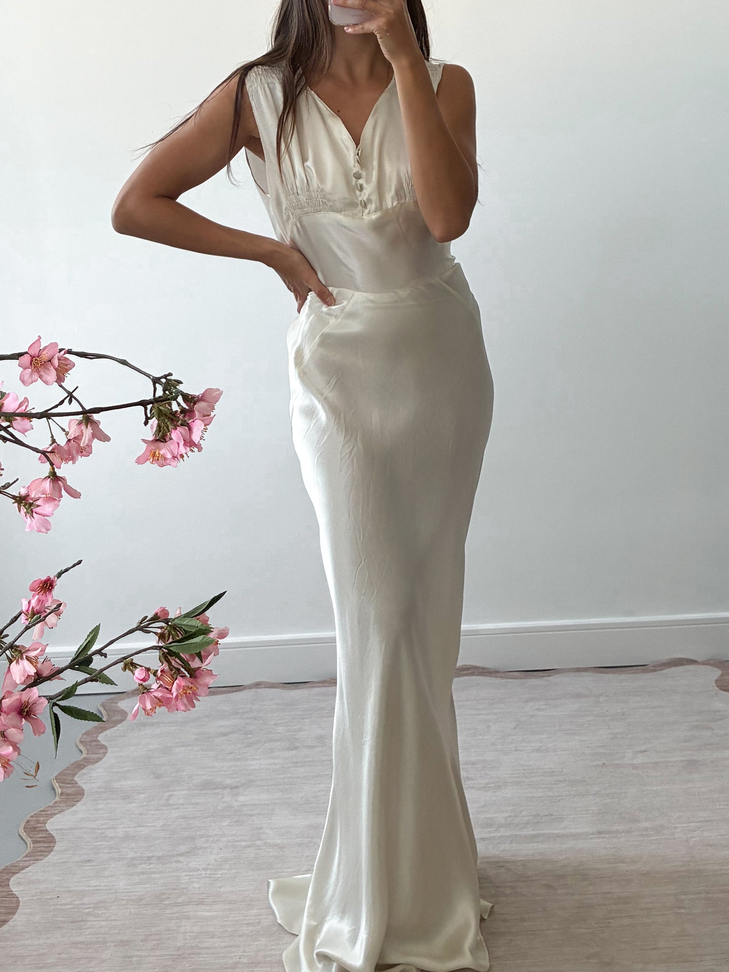 1930s Liquid Satin Bias-Cut Slip Wedding Dress With Matching Belt