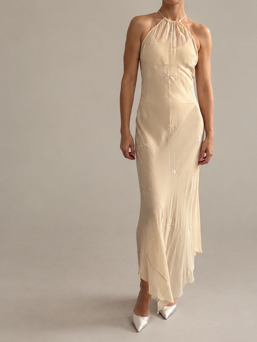 1990s Yellow Silk Chiffon Halterneck Slip Gown XS S M