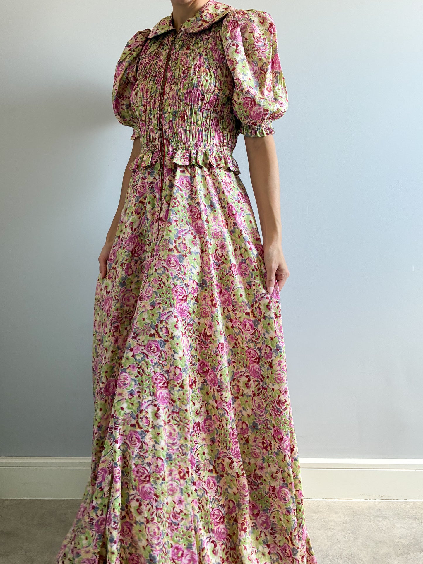 1930s Asymmetrical Floral Puff Sleeve Robe