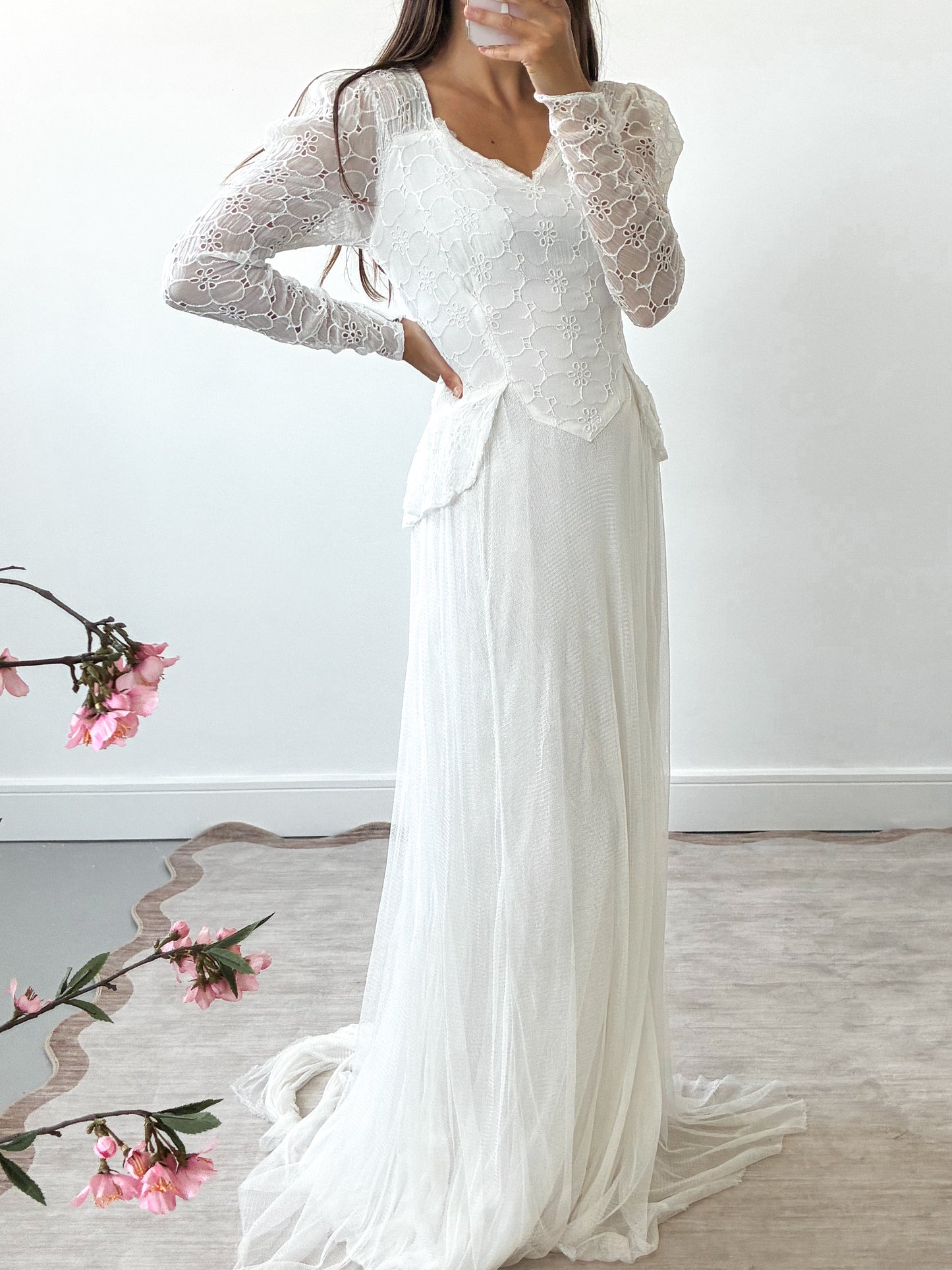 1940s Organdy Broderie and Net Wedding Dress with Train XS S