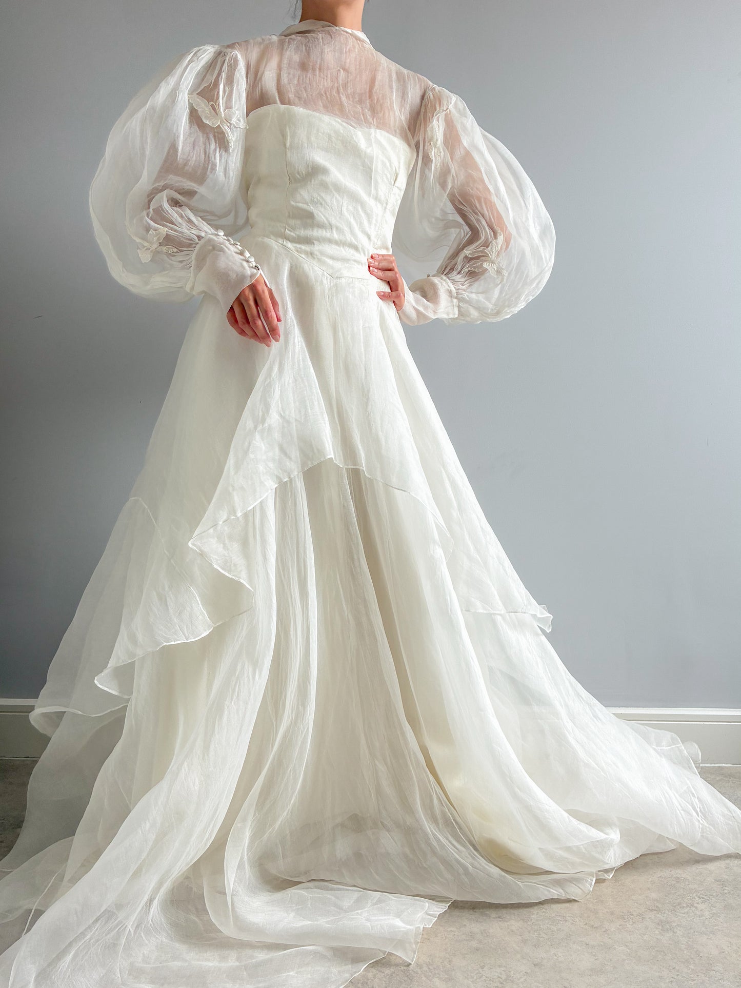 1940s Tiered Organza Wedding Gown With Puff Sleeves And Butterfly Detail