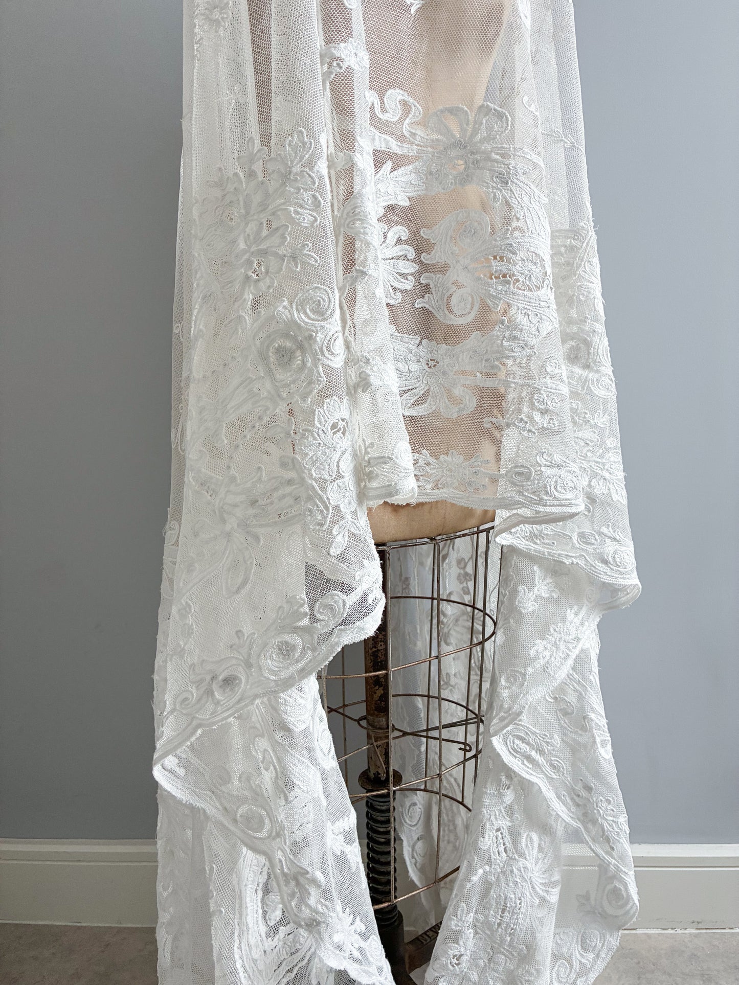 Antique French Heavy Cotton Tambour Tape Lace Veil
