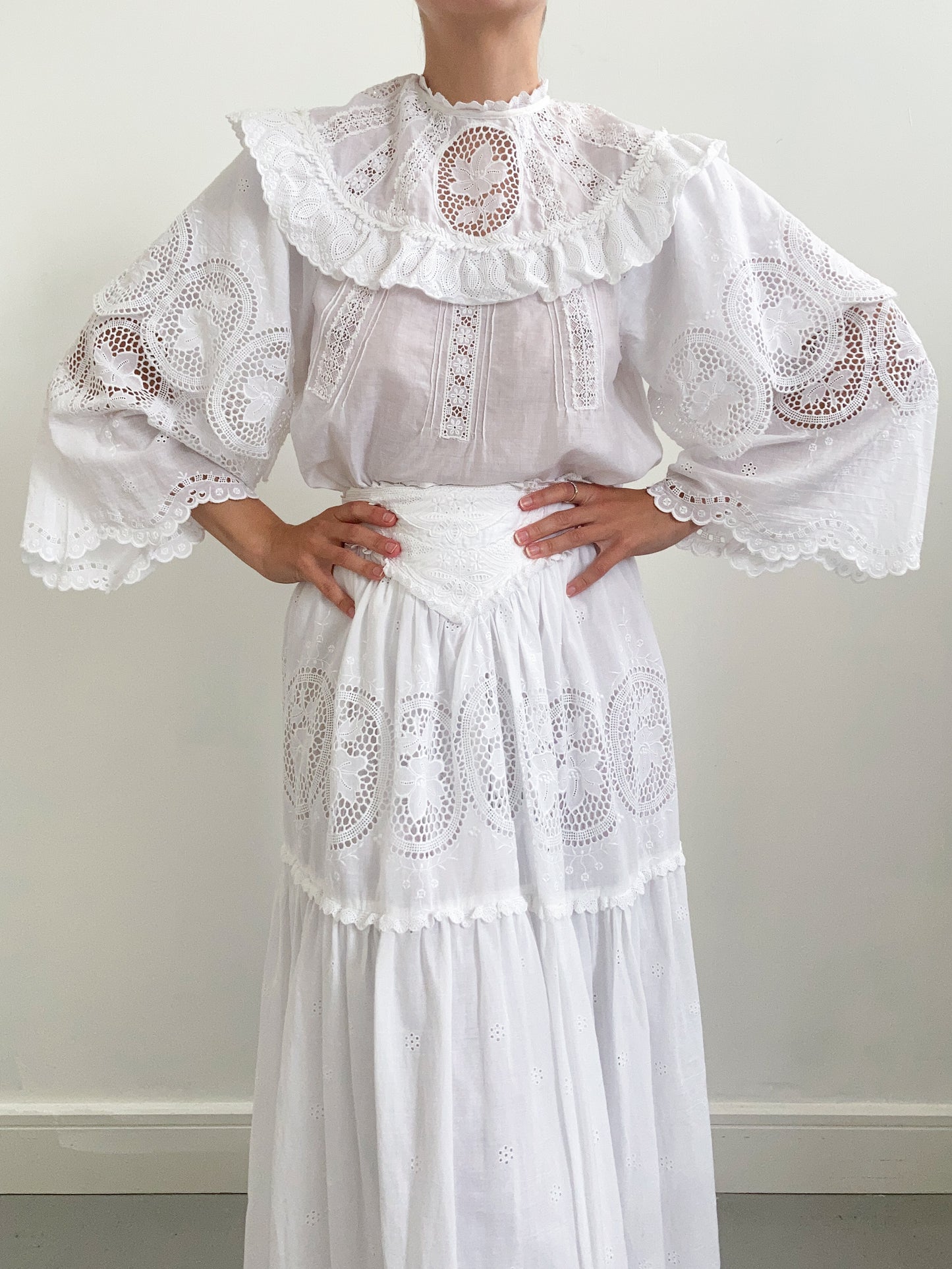 1970s Embroidered Two Piece Set with Tiered Sleeves