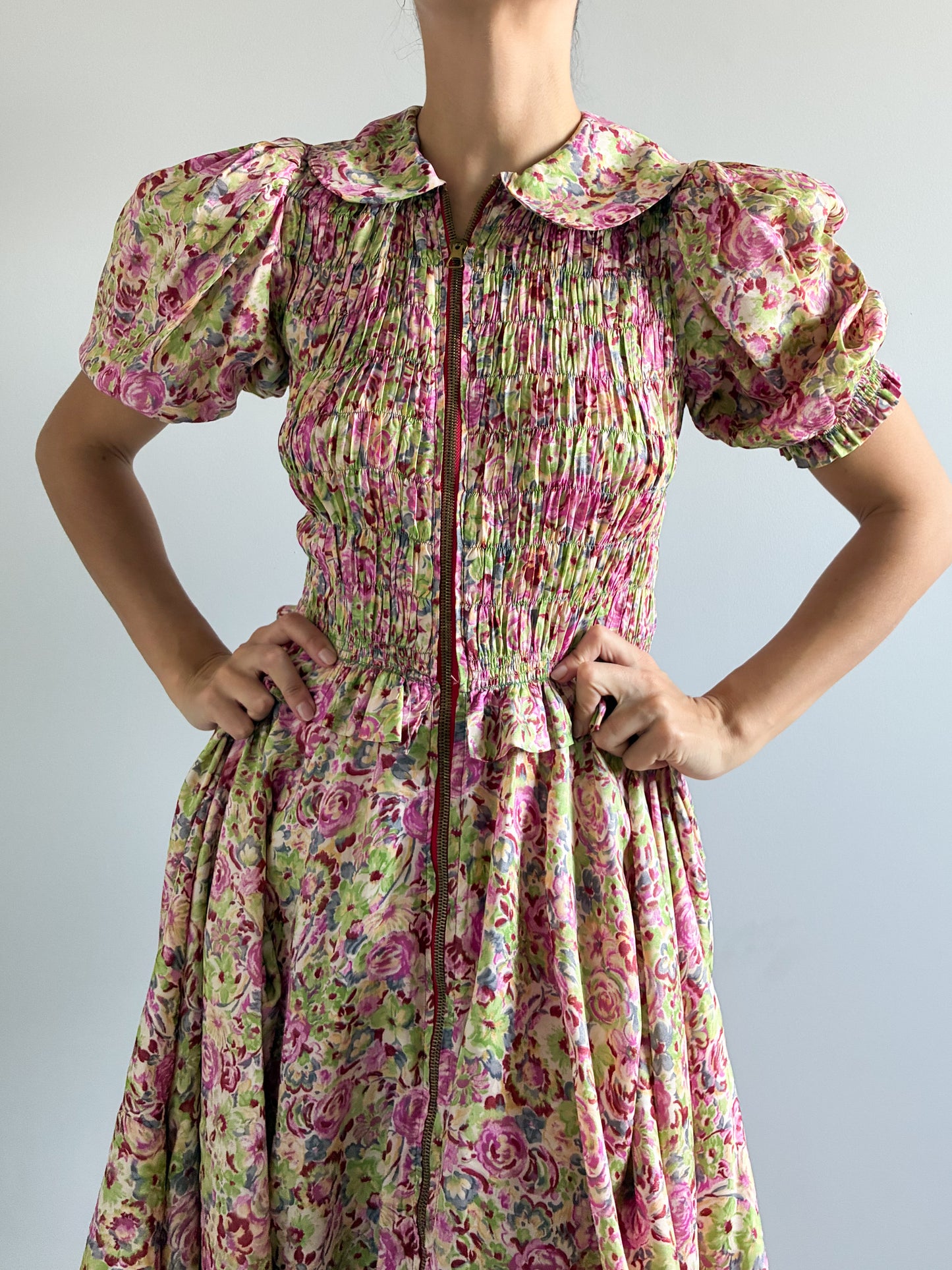 1930s Asymmetrical Floral Puff Sleeve Robe