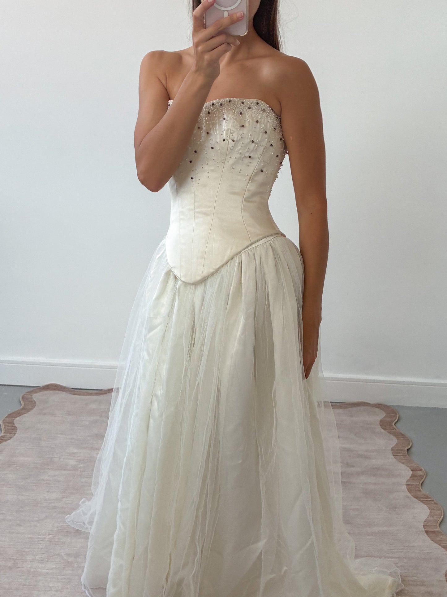 1990s Silk Lace-Up Embellished Corset In Cream S