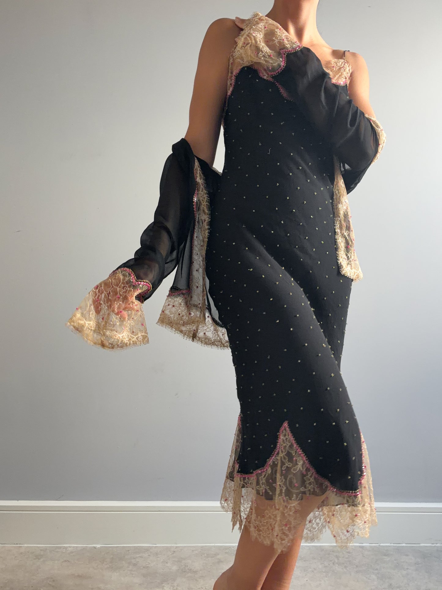 1990s Rare Designer Silk Chiffon Slip and Jacket Set With Chantilly Lace