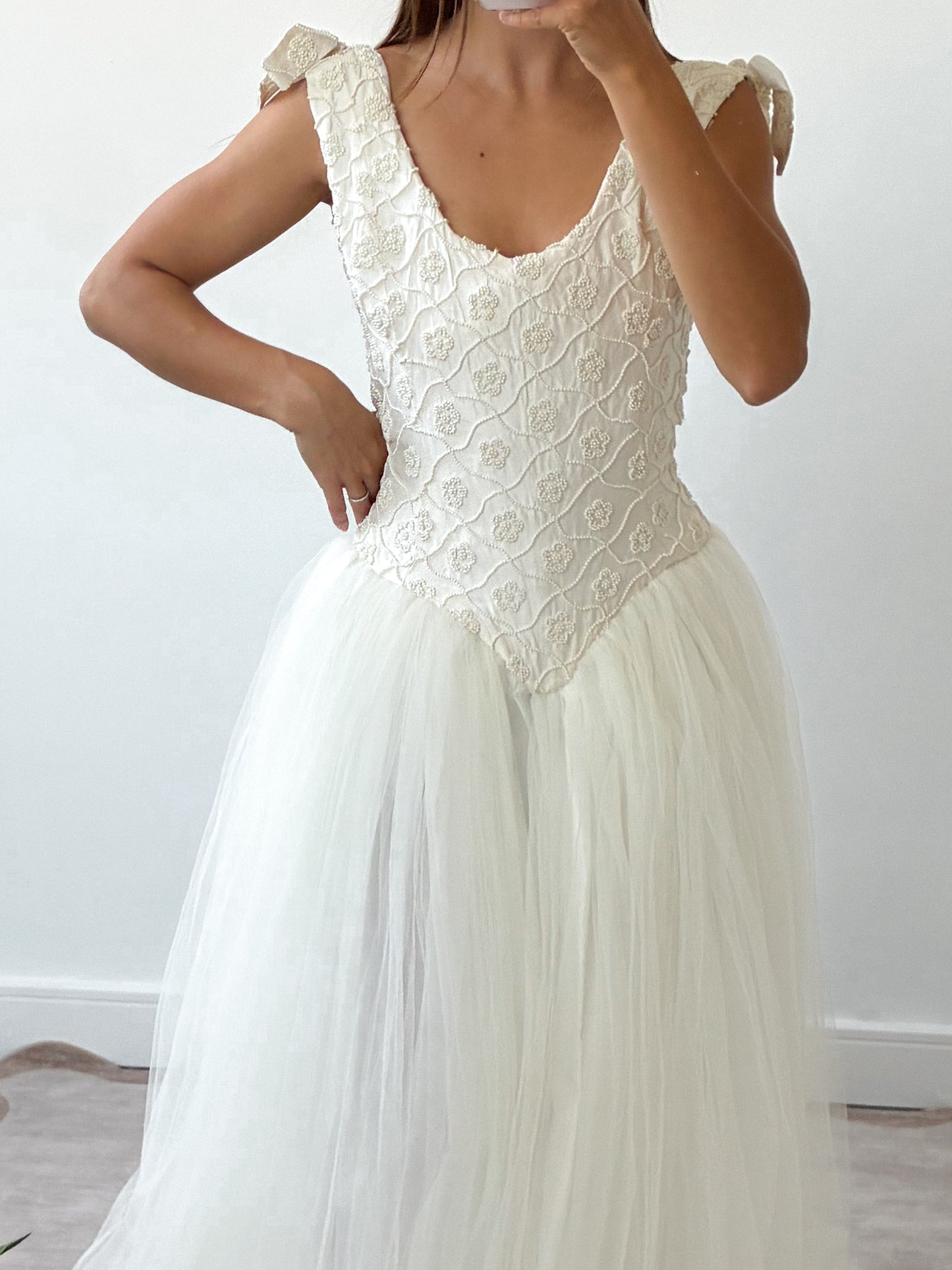 1990s Tulle Gown With Silk & Pearl Embroidered Corset And Bow Detail