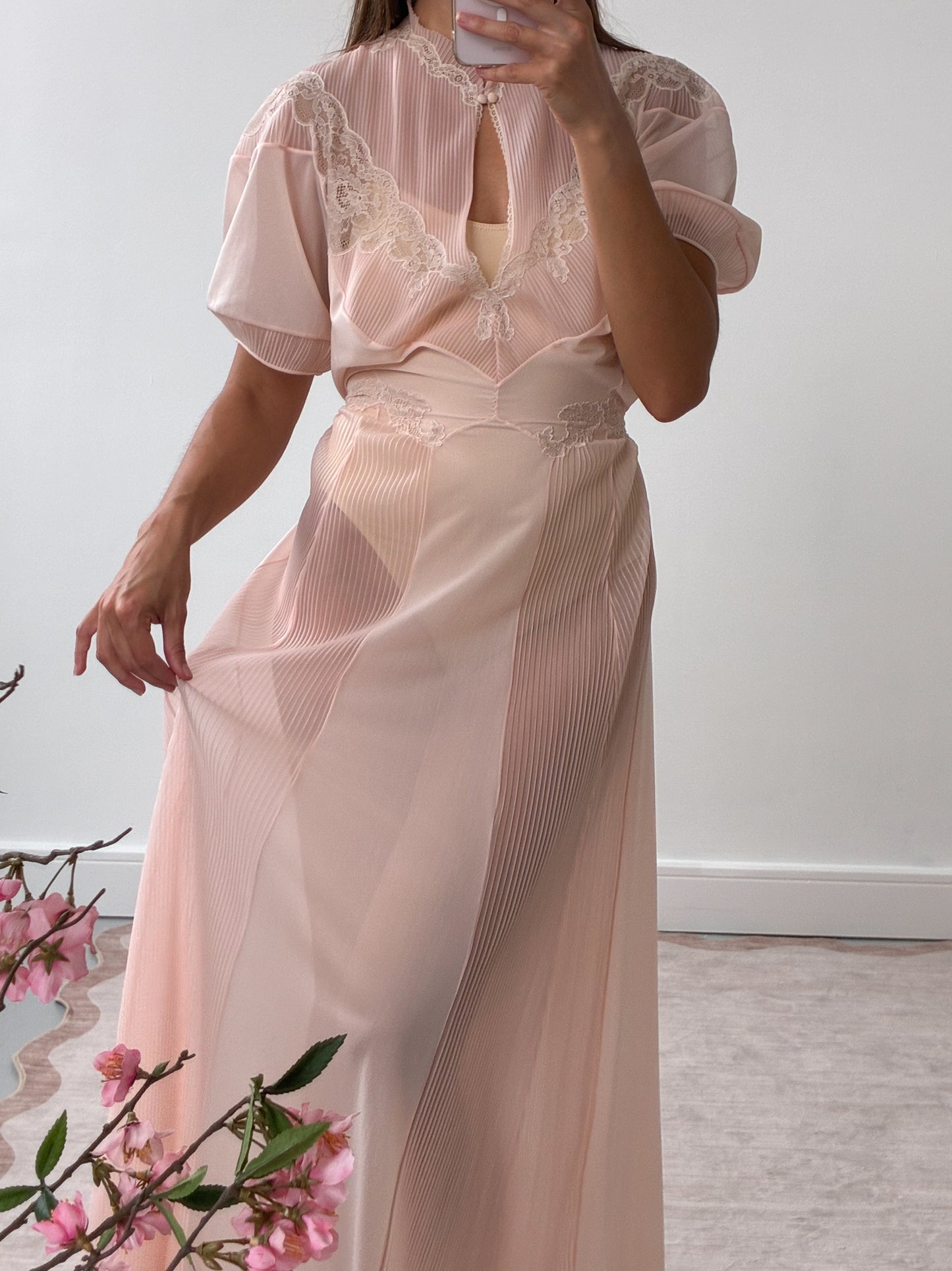 1970s Sheer Peach Nightgown With Lace Detail