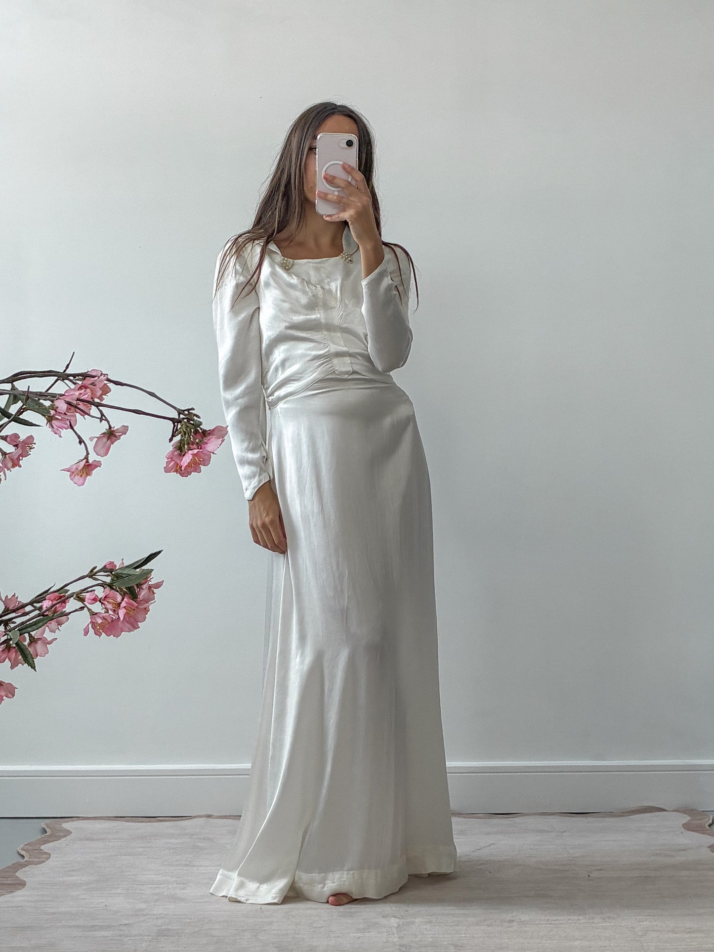 1940s Satin Wedding Dress With Pearl Detail