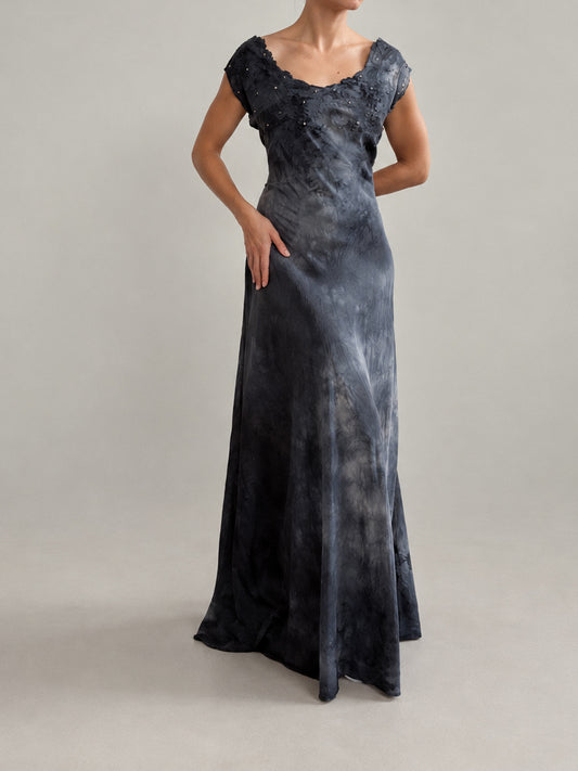 1930s Silk Nightgown With Floral Lace & Pearl Beading In Midnight Blue M L