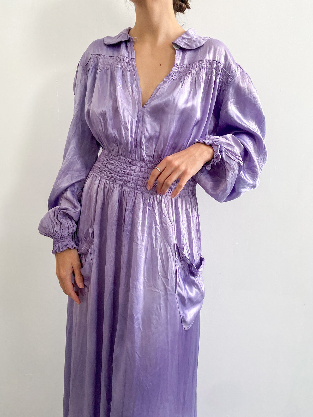 1930s Hand Dyed Satin Puff Sleeve Robe in Wisteria