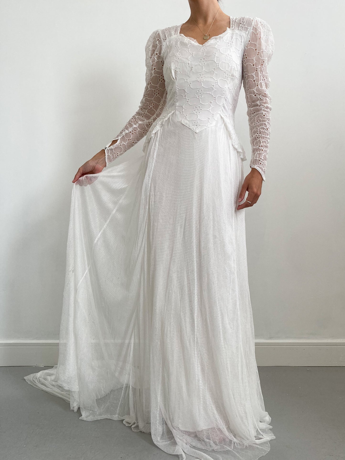 1940s Organdy Broderie and Net Wedding Dress with Train