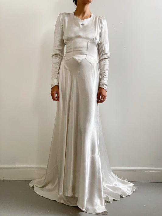 1930s Slipper Satin Ivory Wedding Dress with Button Back