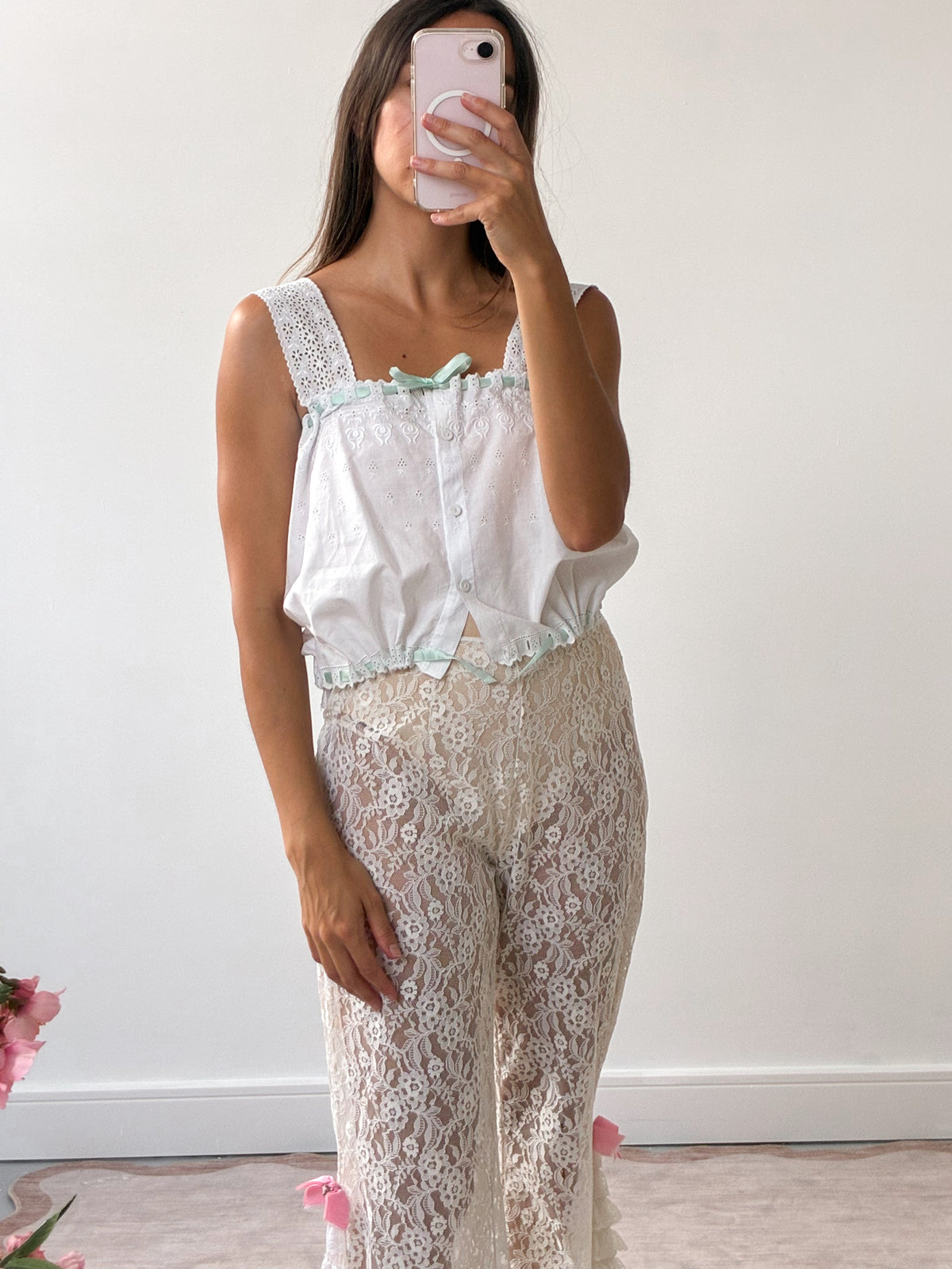 Antique Cotton Embroidered Camisole With Green Ribbon XS S