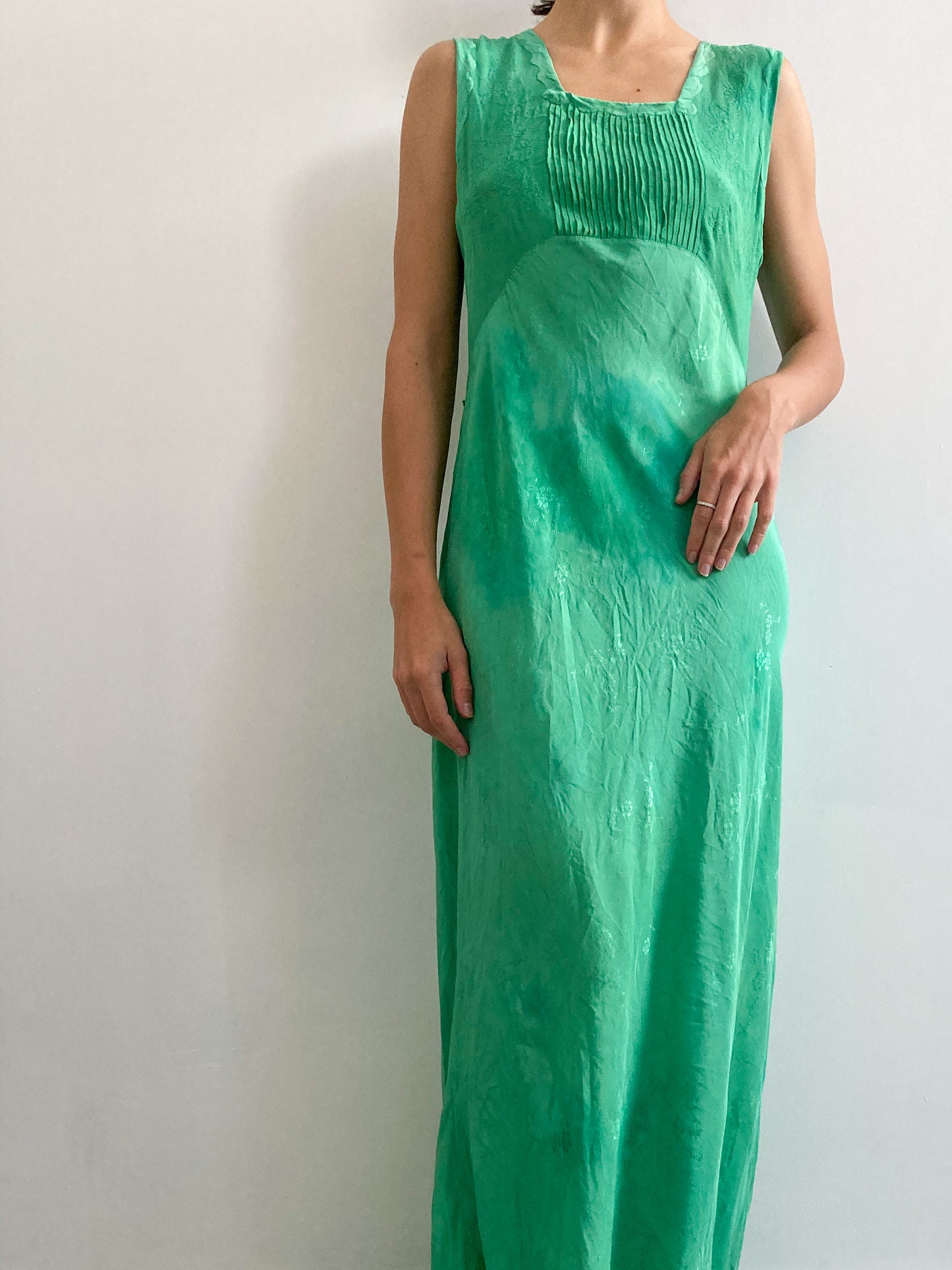 1930s Hand Dyed Silk Floral Slip Gown in Emerald