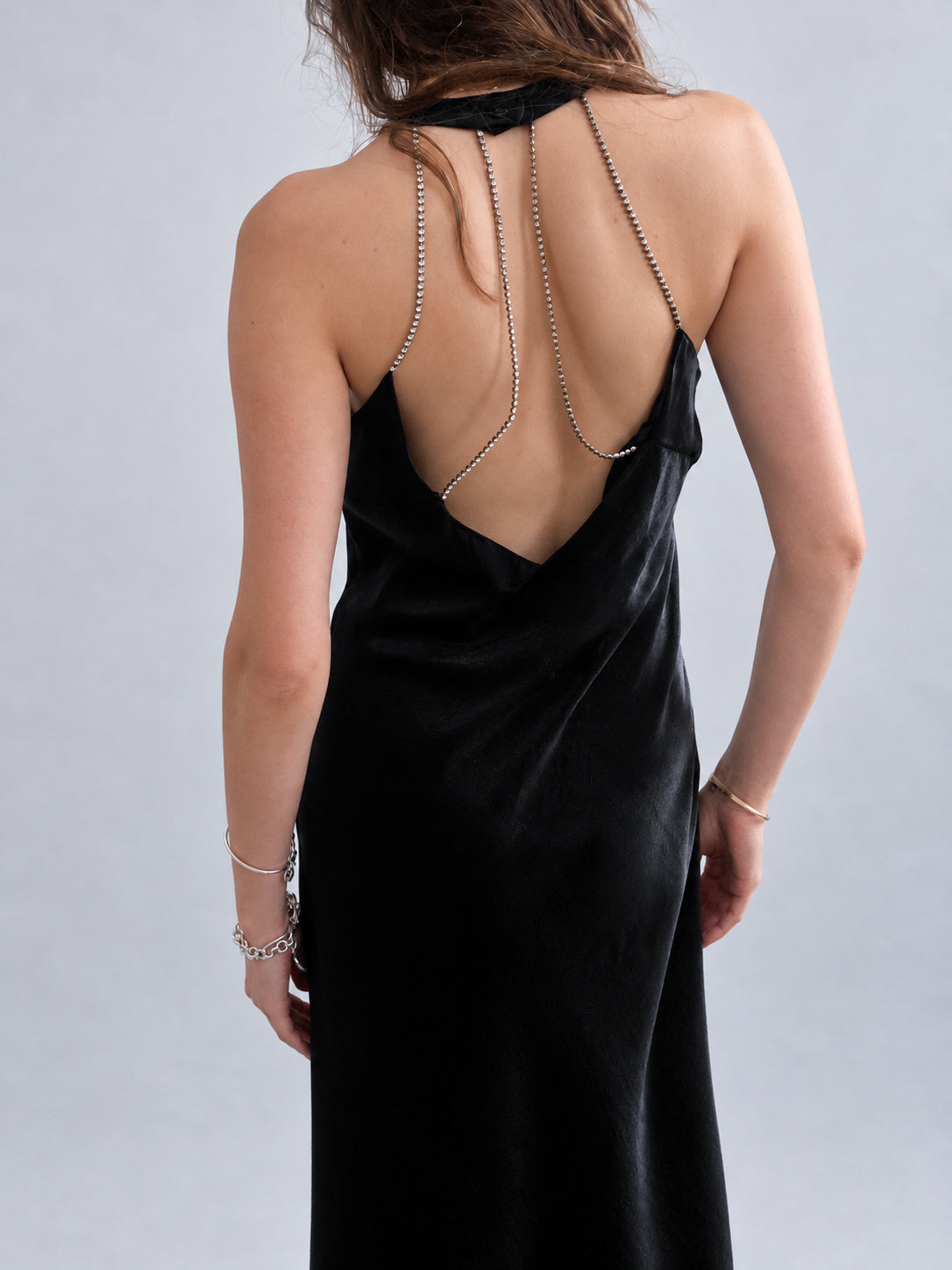 1990s Black Evening Gown with Cage Back and Diamante Straps M