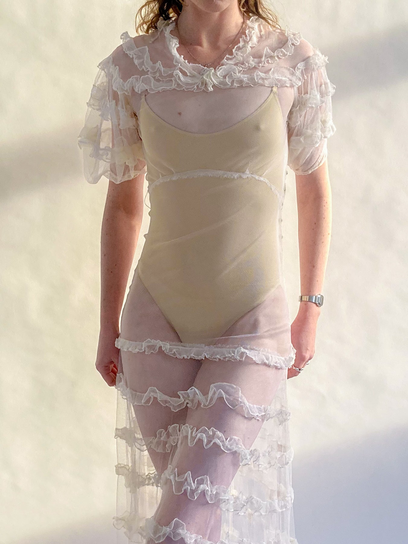 1930s Tiered Ruffle Net Dress With Puff Sleeves