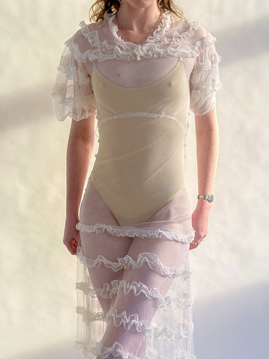 1930s Tiered Ruffle Net Dress With Puff Sleeves