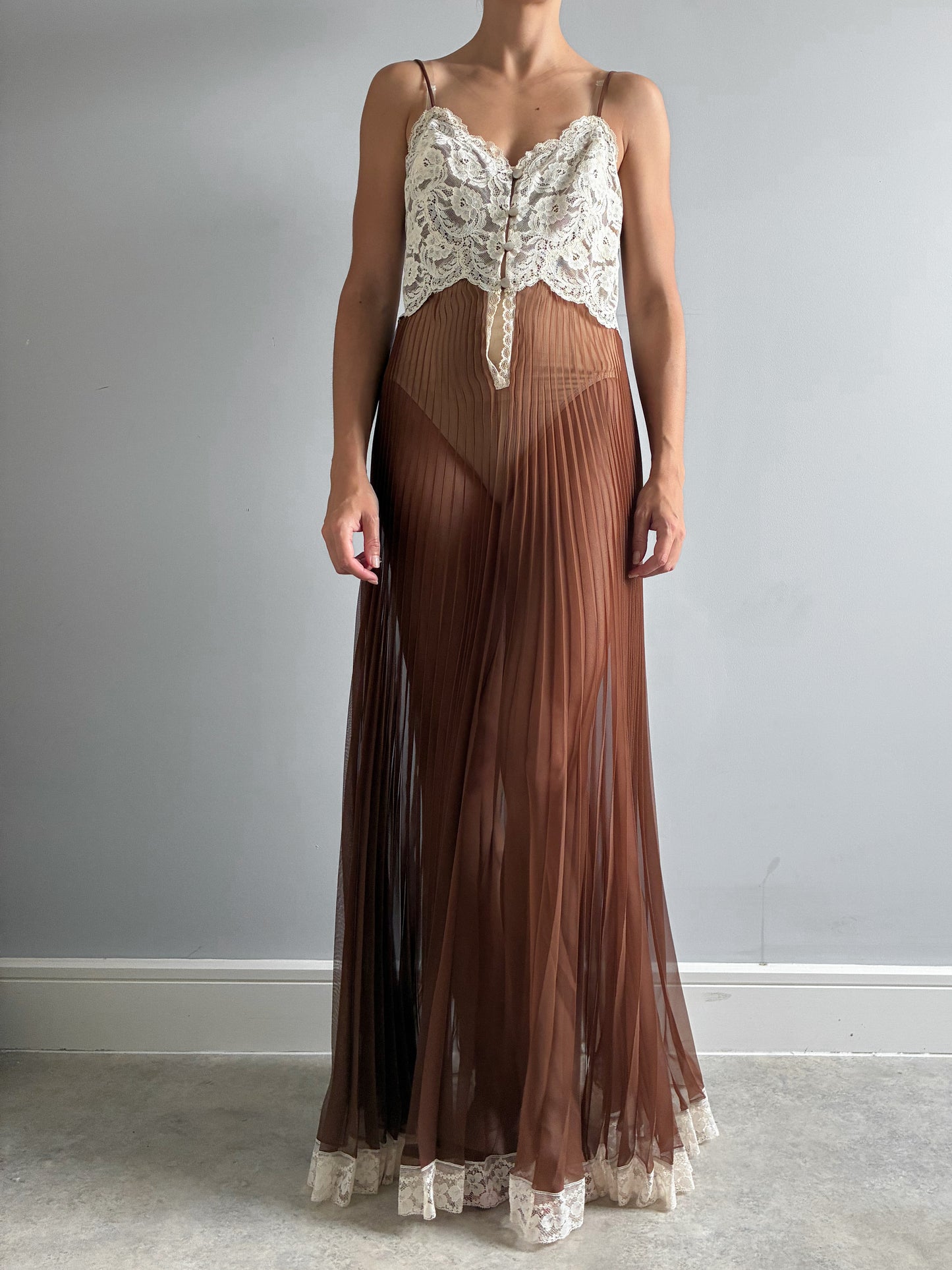 1970s Chocolate Pleated Nightdress with Cream Lace