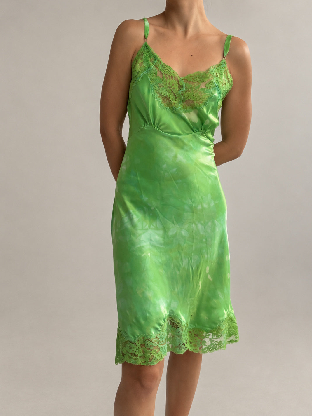 1940s Silk Satin Slip With Lace Trim Charmeuse Green