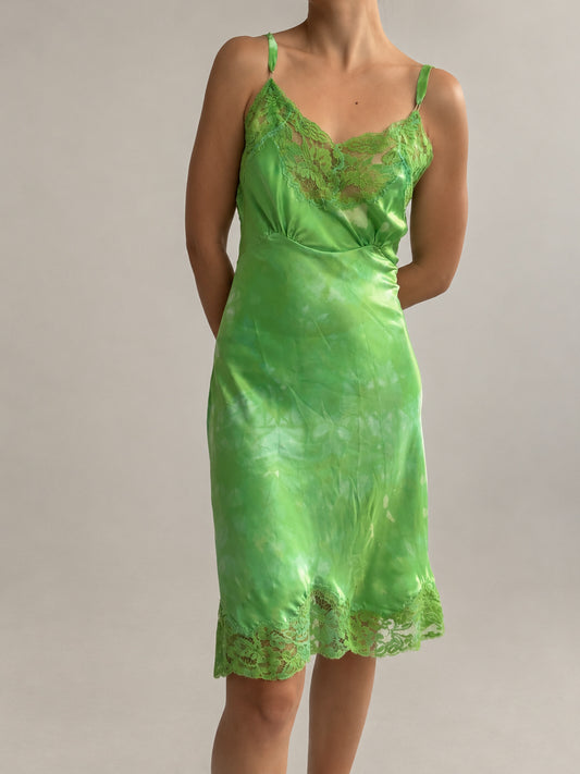 1940s Silk Satin Slip With Lace Trim In Marbled Green S M