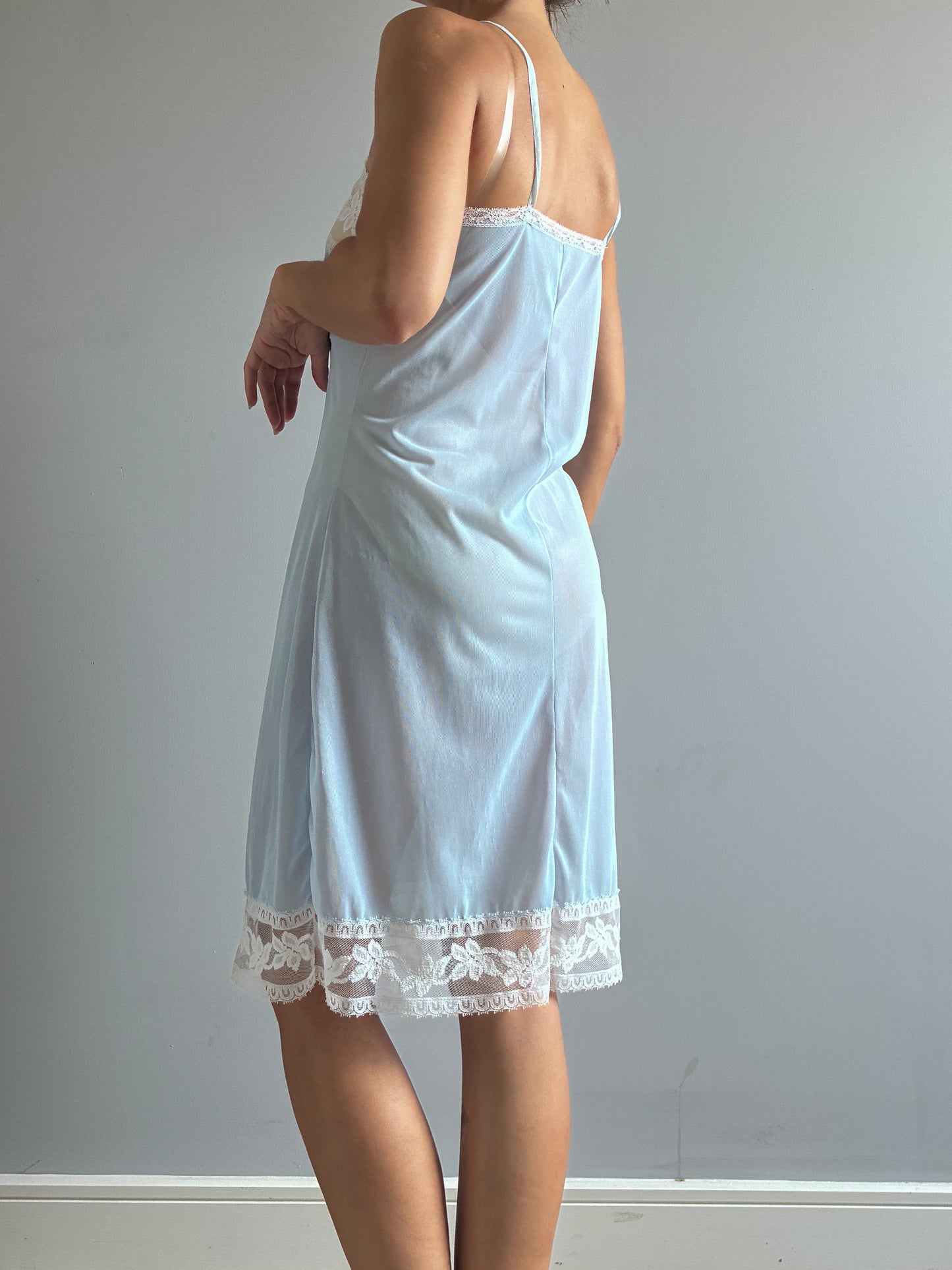 1940s Powder Blue Midi Slip With White Lace