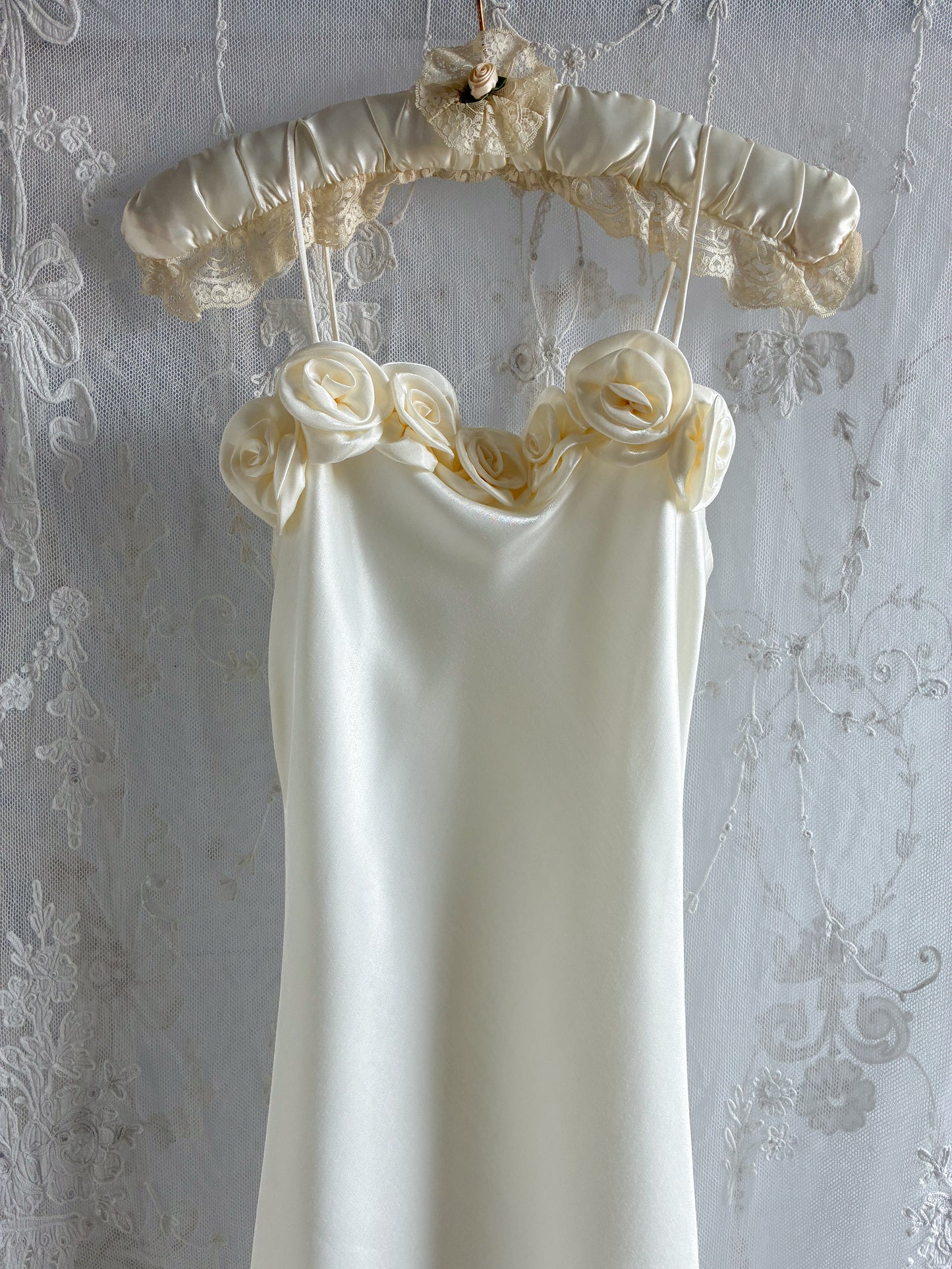 1990s Minimalist Satin Wedding Dress With Rose Detail