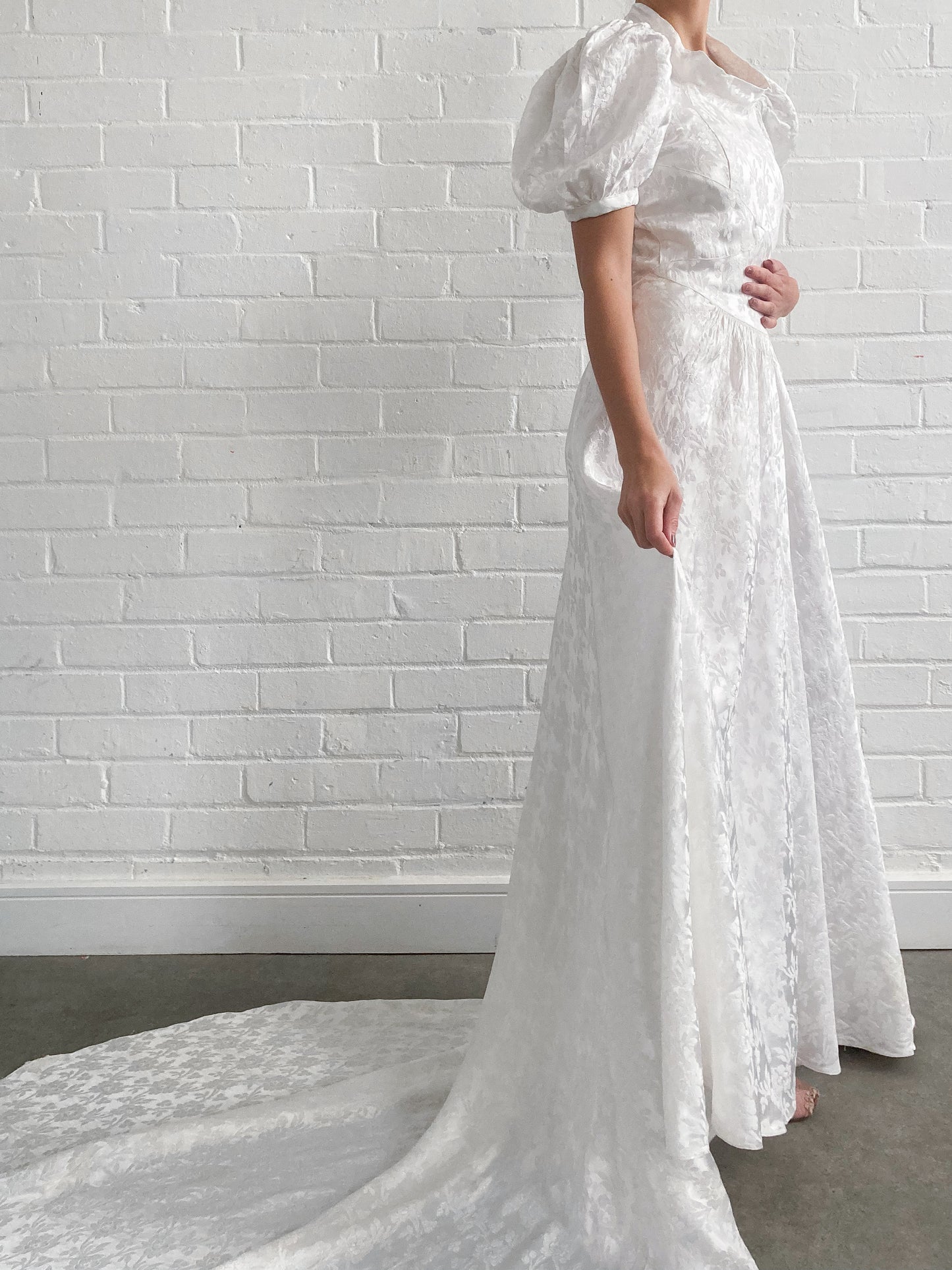 1930s Ivory Jacquard Wedding Gown With Puff Sleeves and Chapel Train