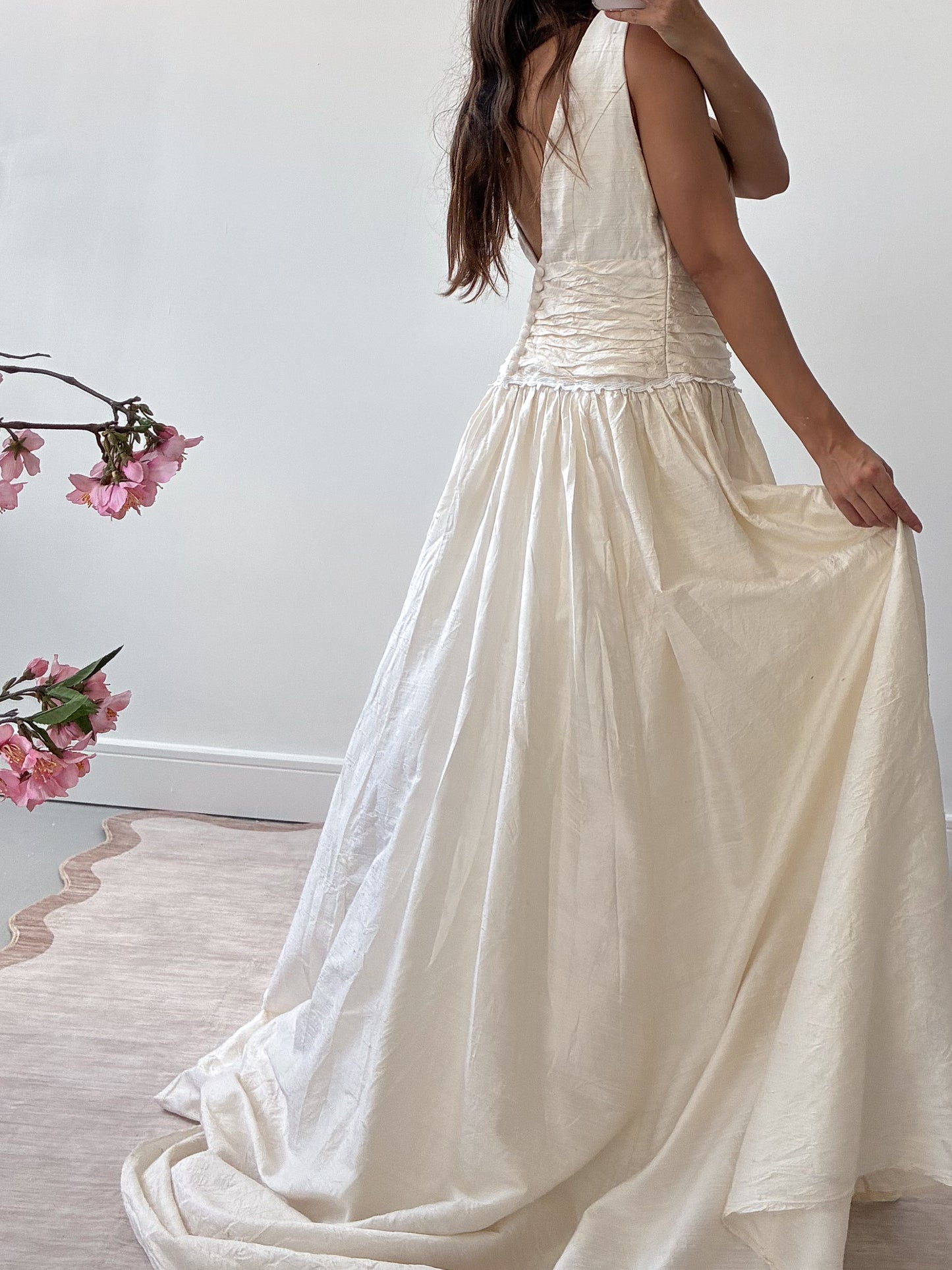 1980s Raw Silk Princess Dress With Wrap Bodice And Full Train