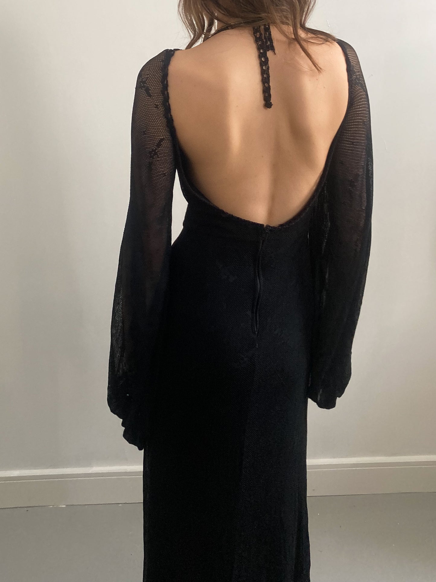 1970s Frank Usher Crochet Backless Dress with Bishop Sleeves