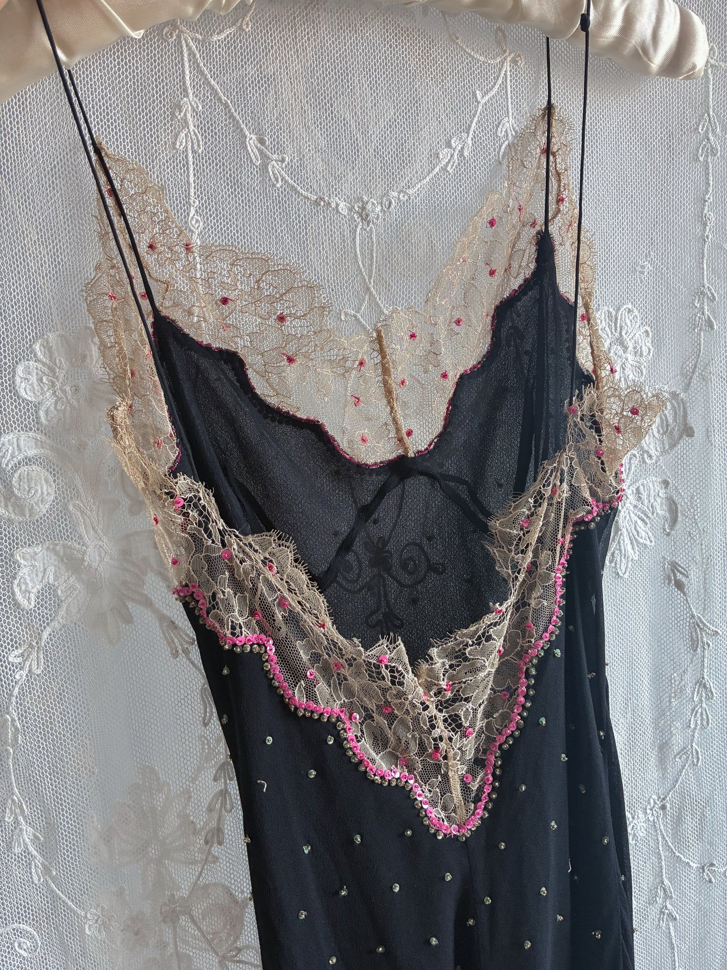 1990s Rare Designer Silk Chiffon Slip and Jacket Set With Chantilly Lace