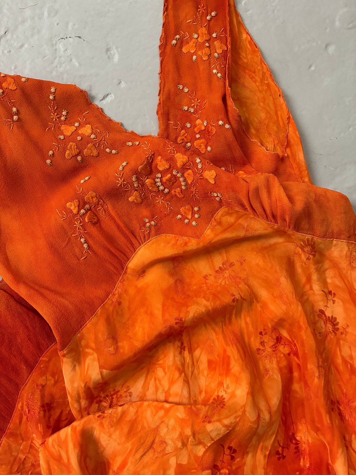 1930s Embroidered Silk & Chiffon Nightgown In Burnt Orange XS S
