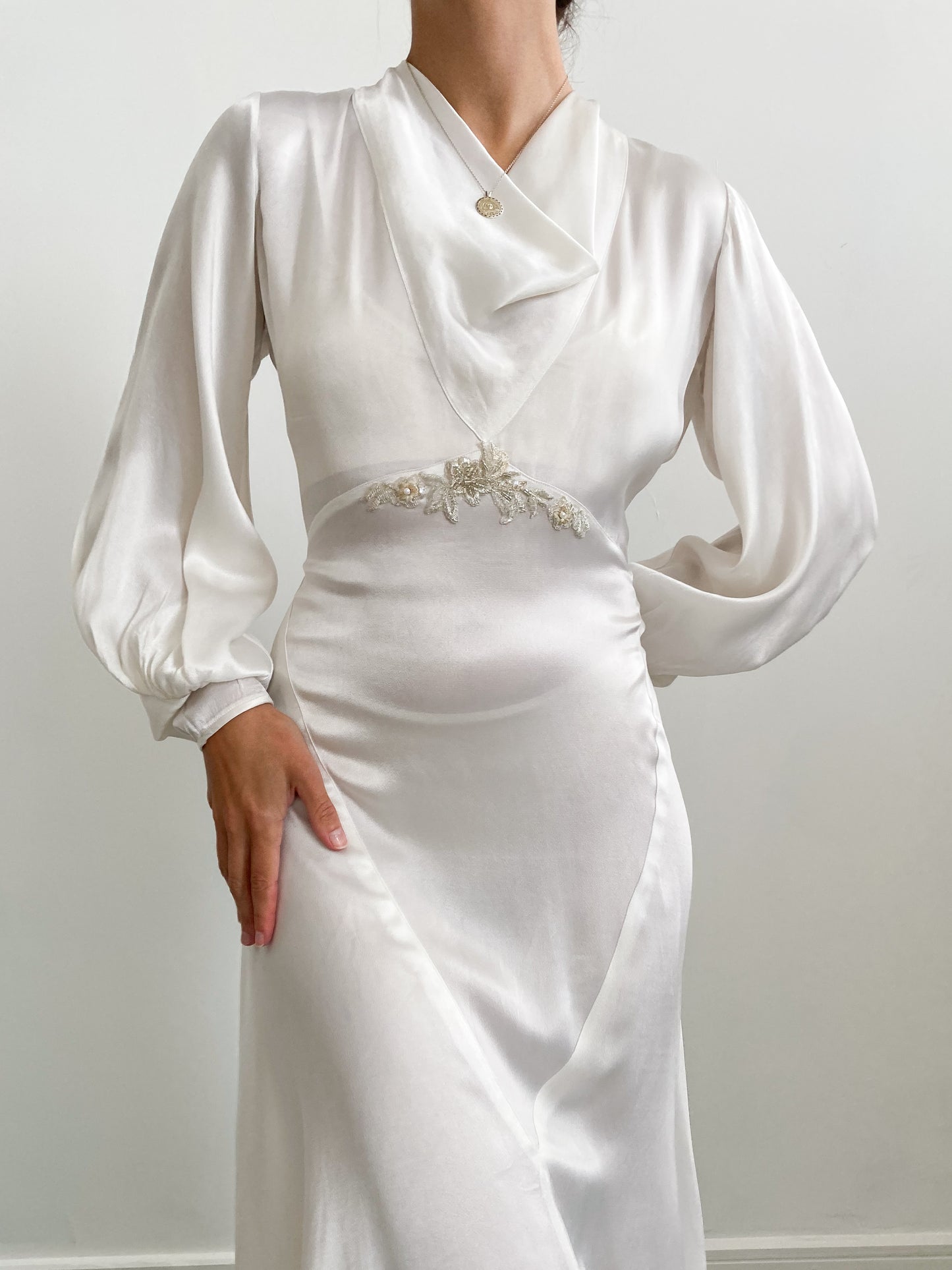 1930s Ivory Satin Wedding Gown with Cowl Neck