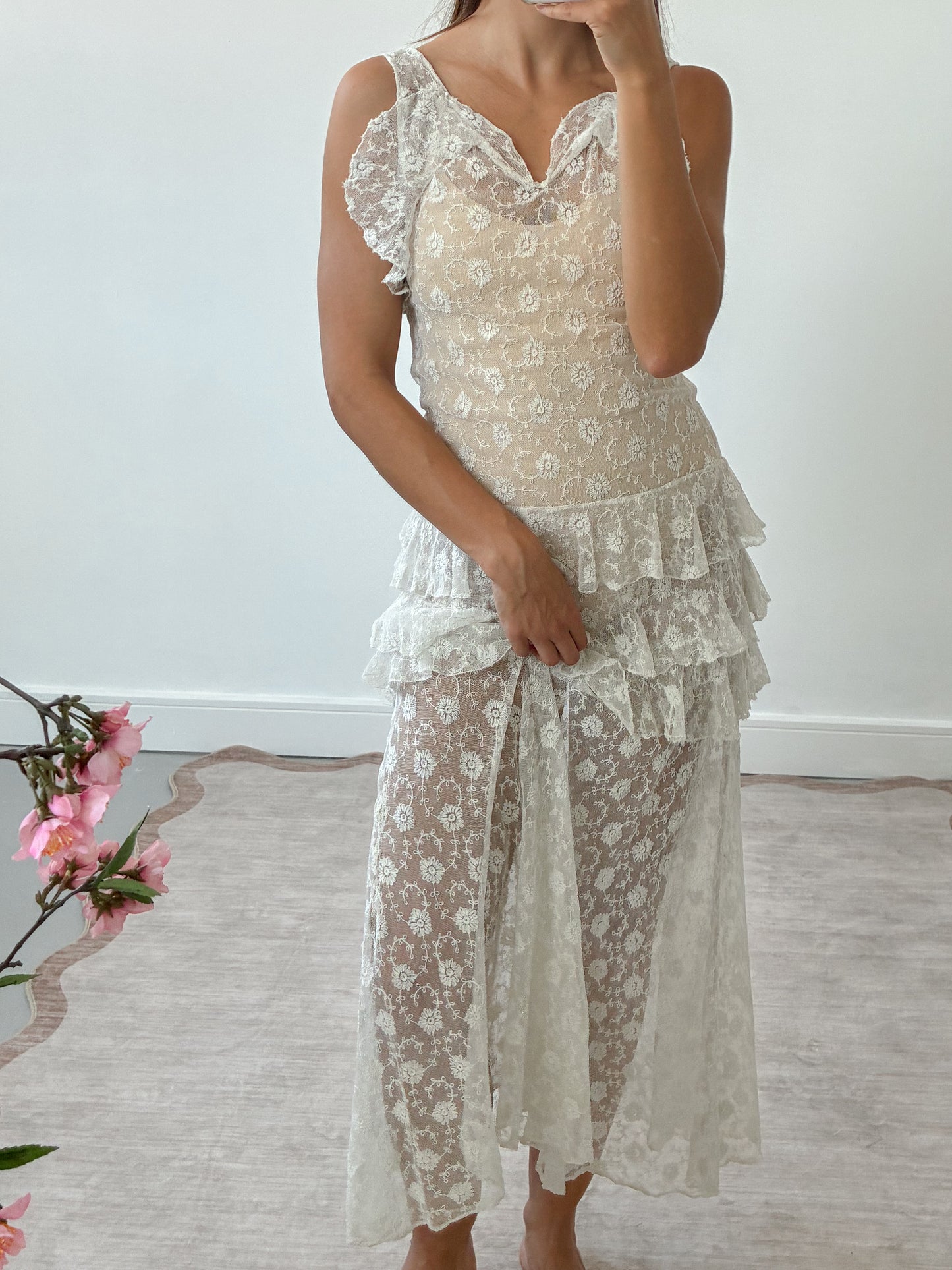 1930s French Floral Lace Dress With Ruffle Detail S