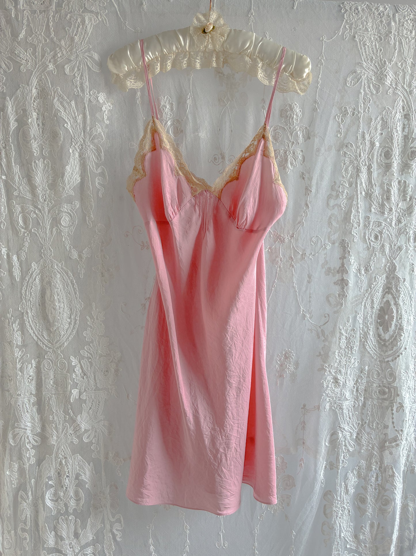1990s Silk Mini Slip With Cream Lace In Dusty Pink