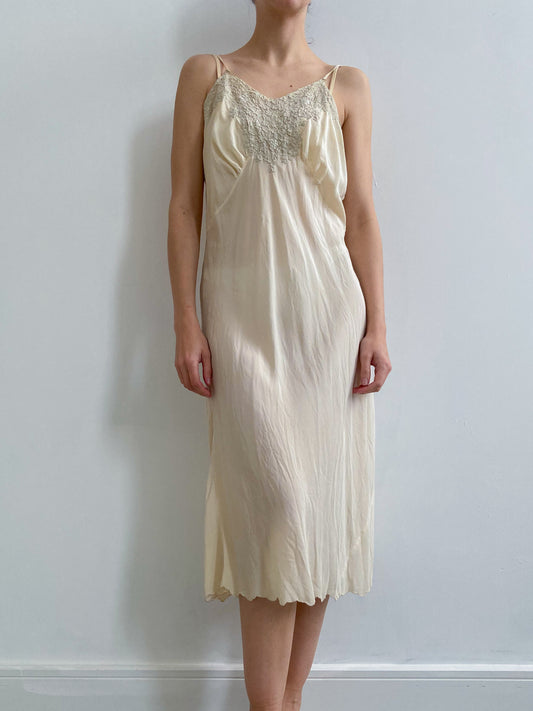 1930s Beige Silk Slip with Alencon Lace Embroidery & Spaghetti Straps