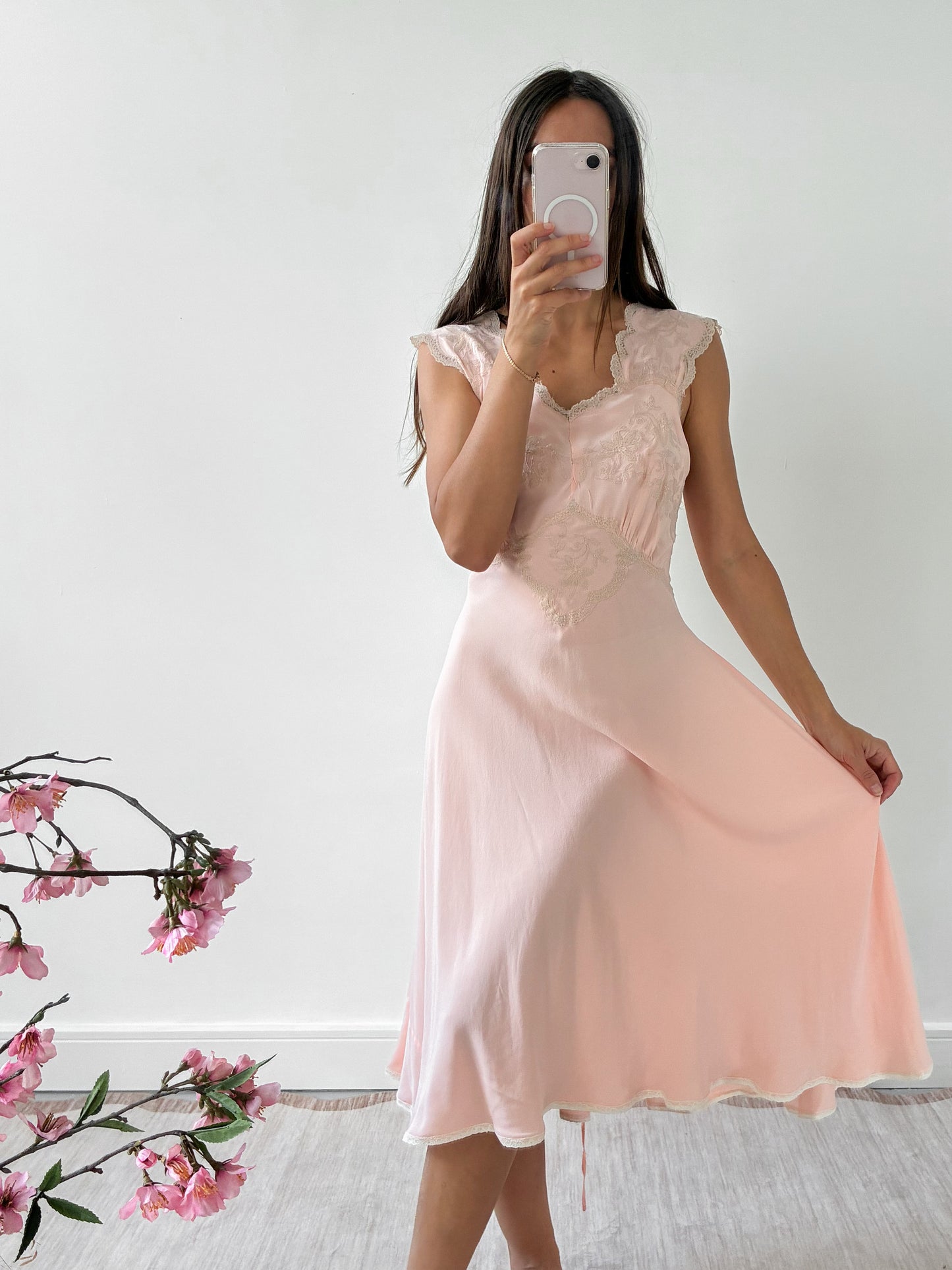 1930s Silk Midi Slip With Floral Lace M L