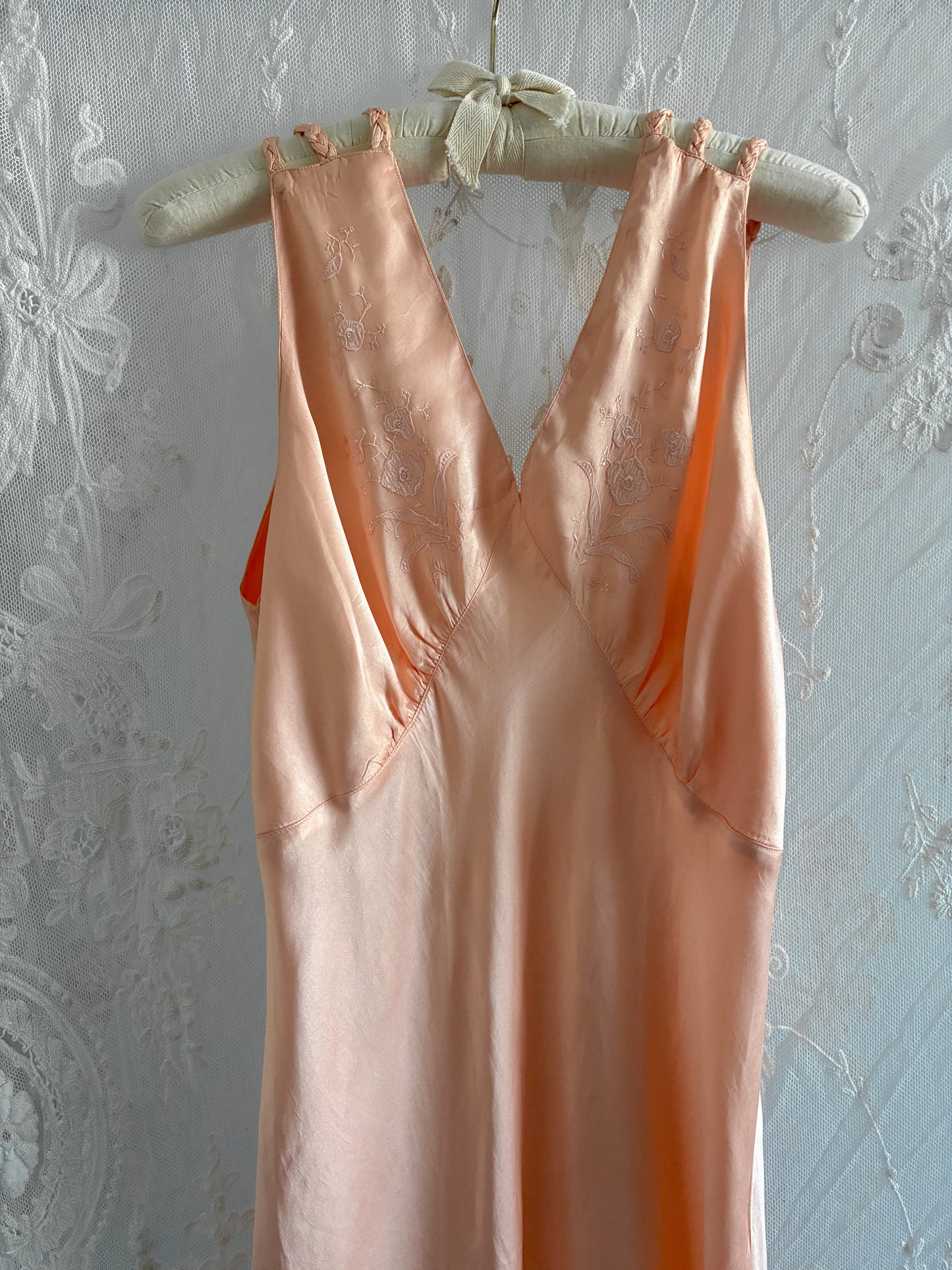1930s Peachy Pink Pure Silk Slip Gown With Triple Straps